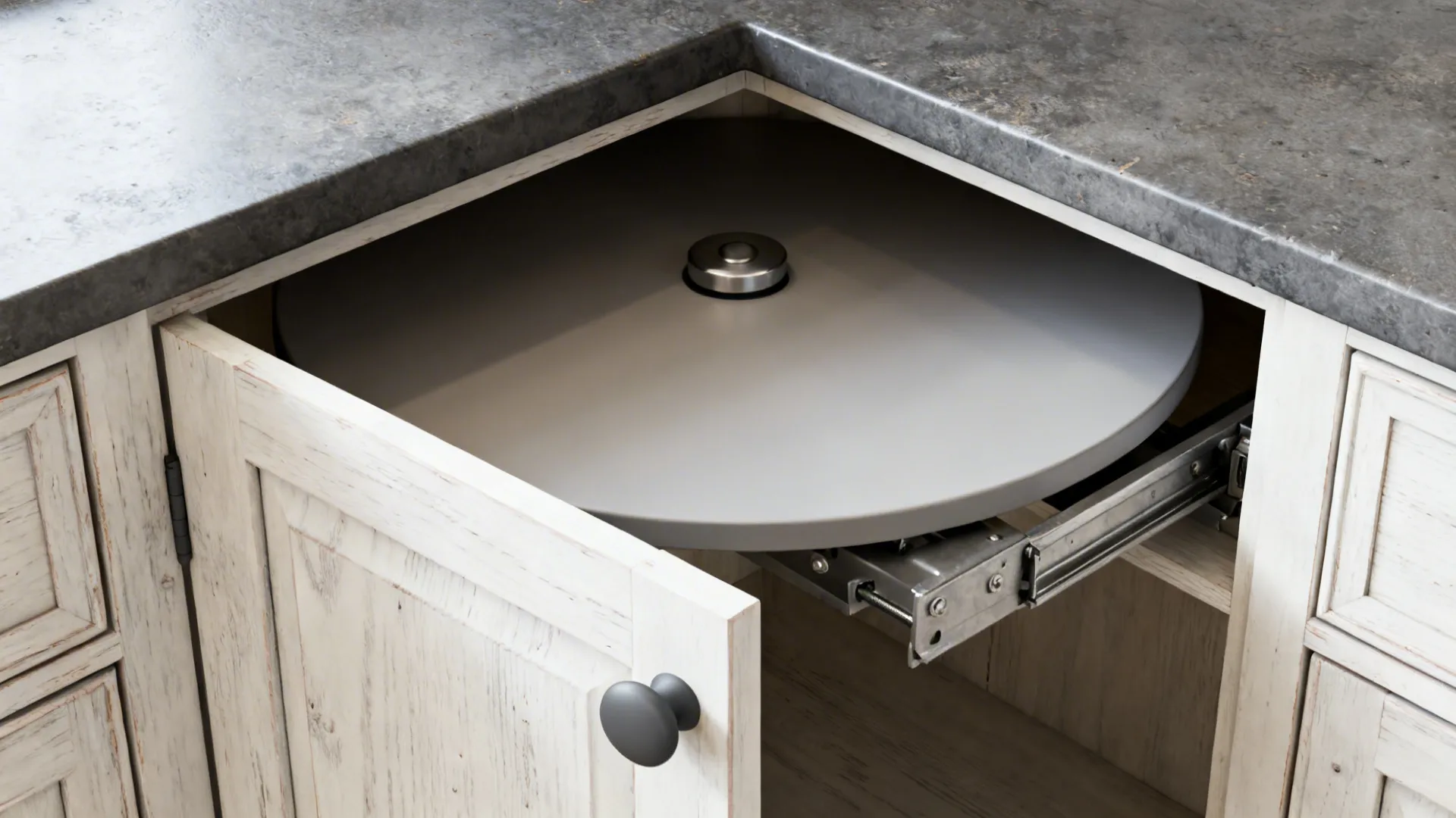 Macro of a corner cabinet with a modern lazy Susan for efficient storage.