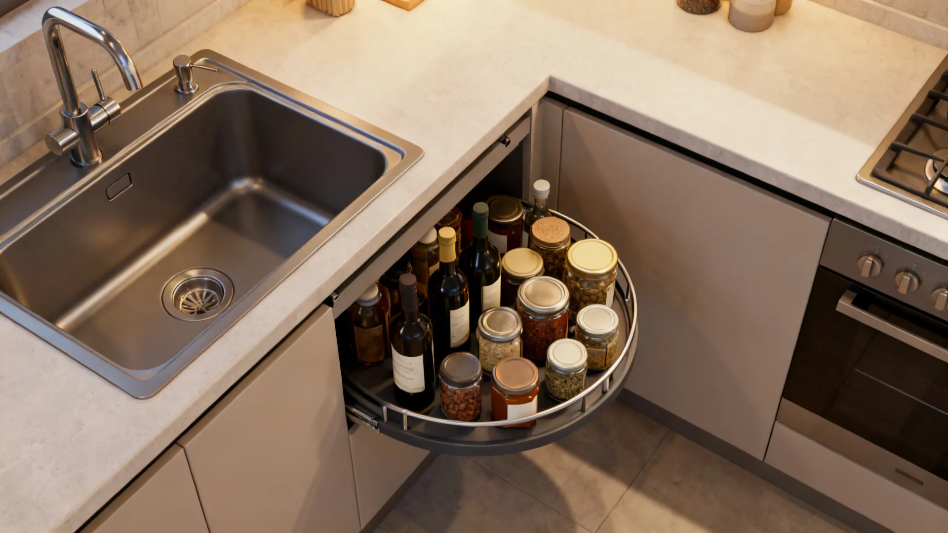 Curved sliding lazy Susan pulled out from a corner sink cabinet holding bottles and containers.