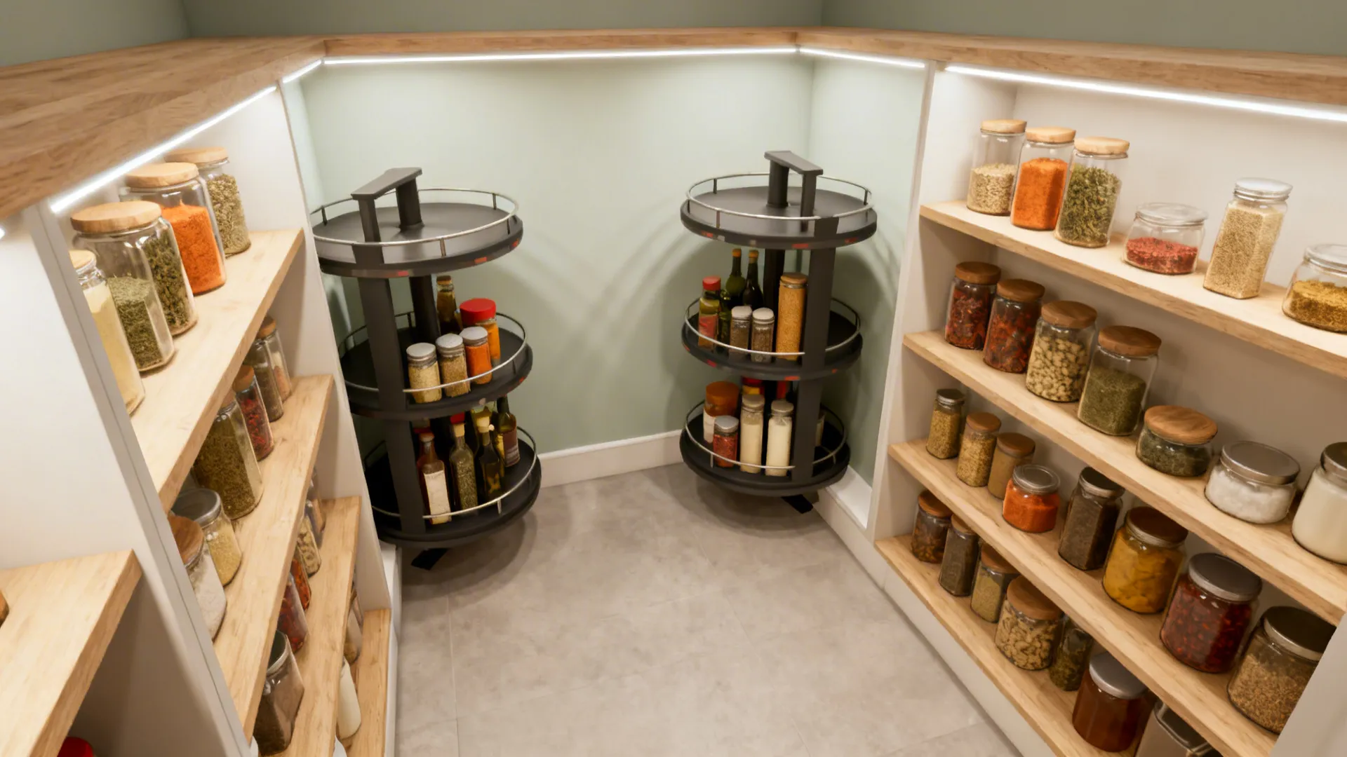 L-shaped pantry corner with rotating lazy Susans and well-organized jars and containers.