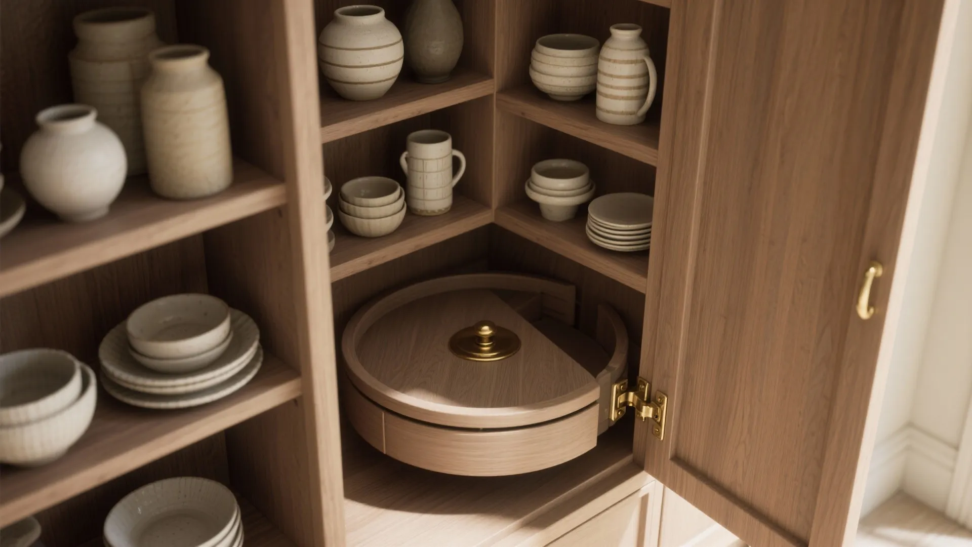 Wooden kitchen corner cabinet with rotating shelves holding white ceramic plates and bowls for smart storage