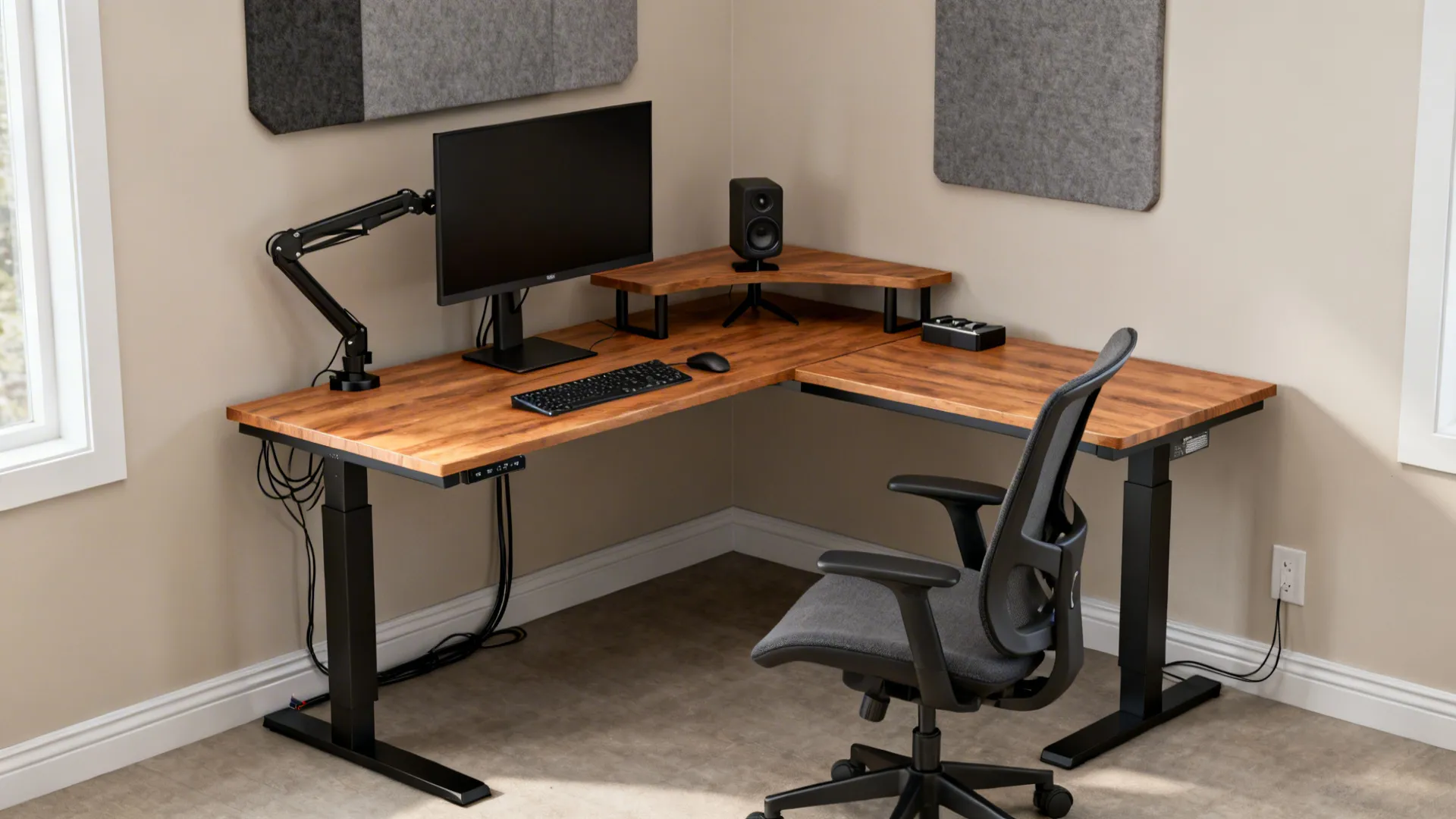 Corner L-desk with monitor arm, speakers, and charging area to free central floor space.