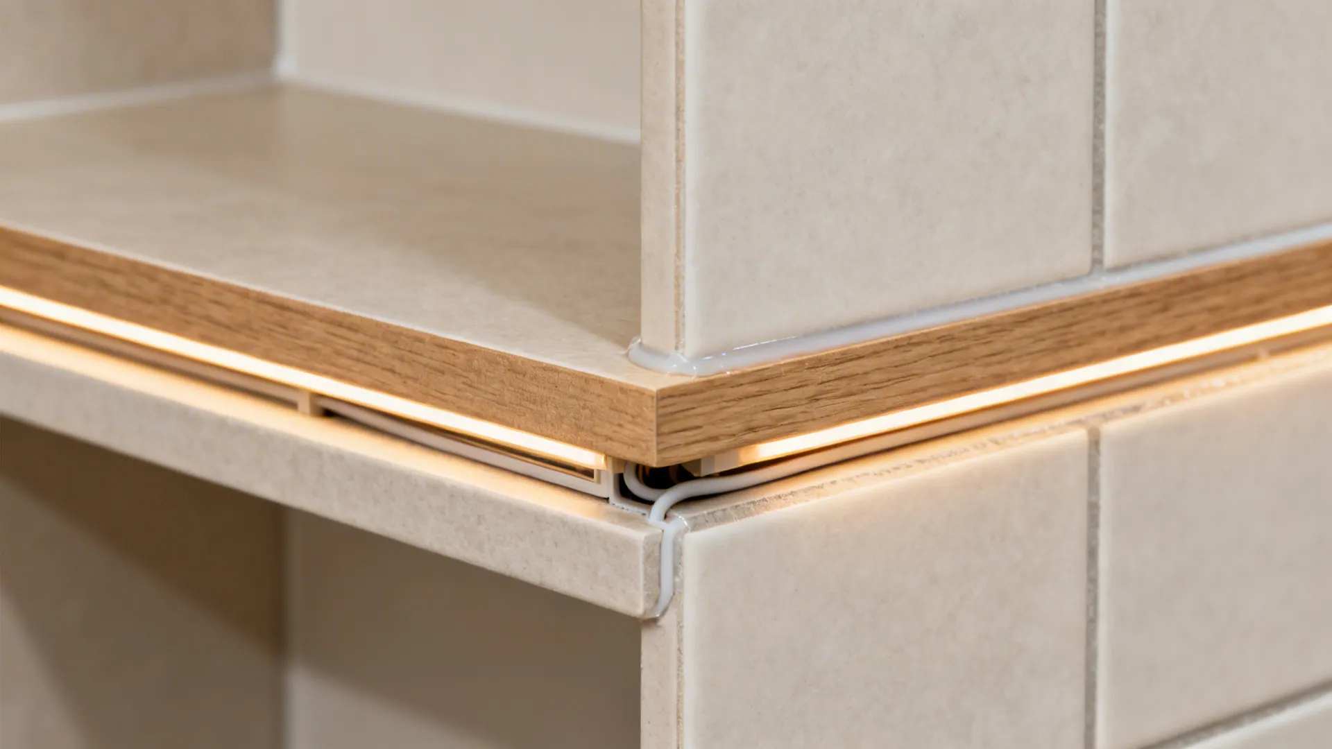 Close-up of a corner shelf edge with clean caulk and a slim warm LED strip beneath.