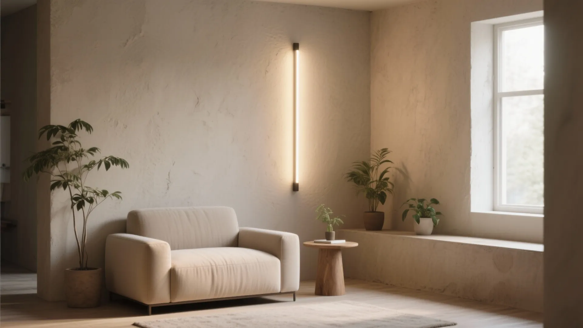 Minimalist living room with beige sofa vertical wall light green potted plants and wooden table
