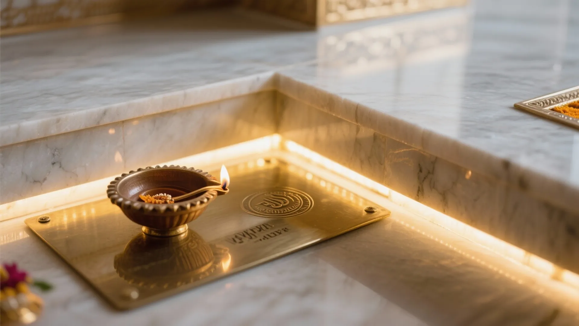 Close up of marble counter with small oil lamp on gold plate and warm light