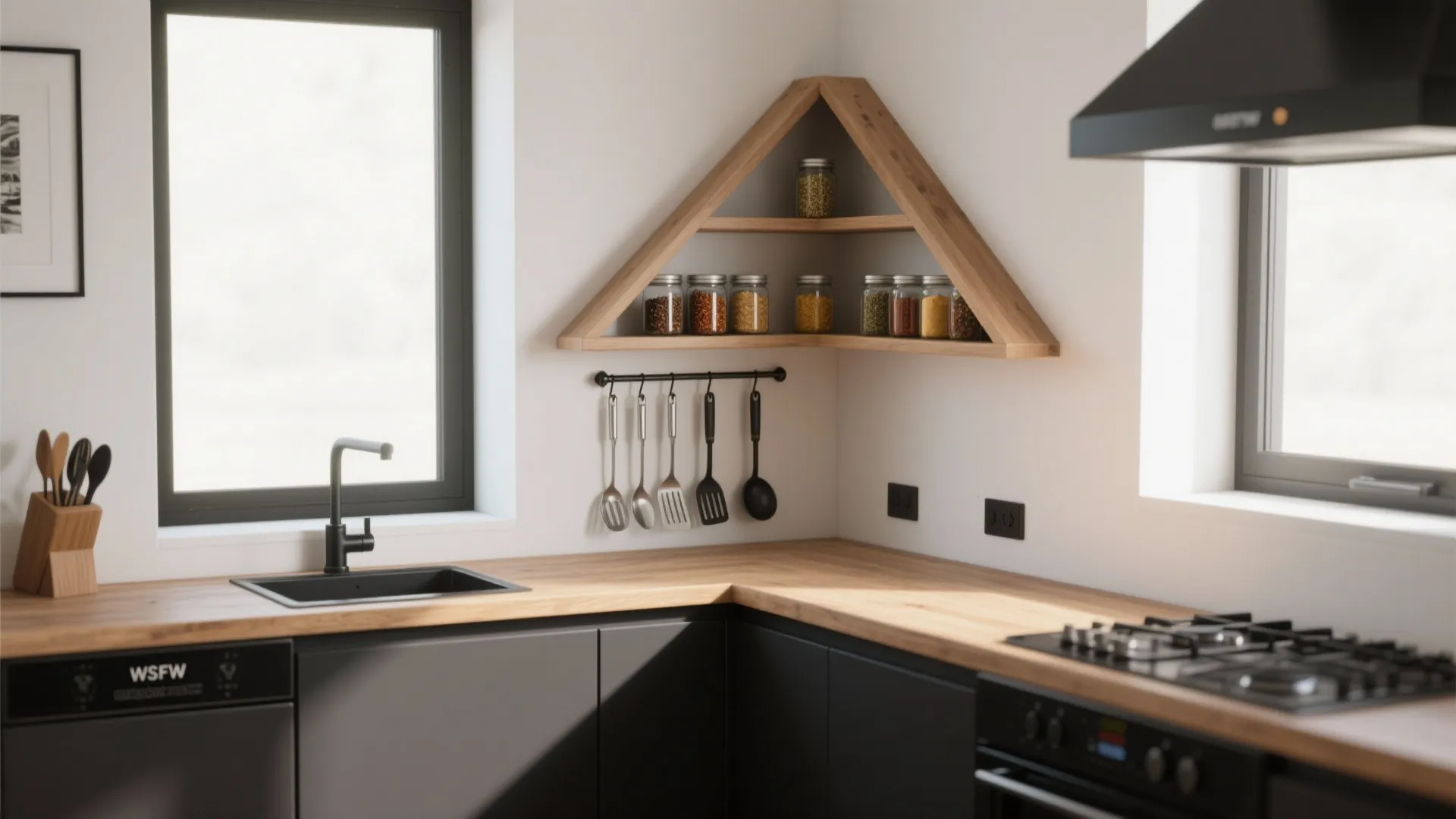 2. Shallow corner shelves that kiss the wall