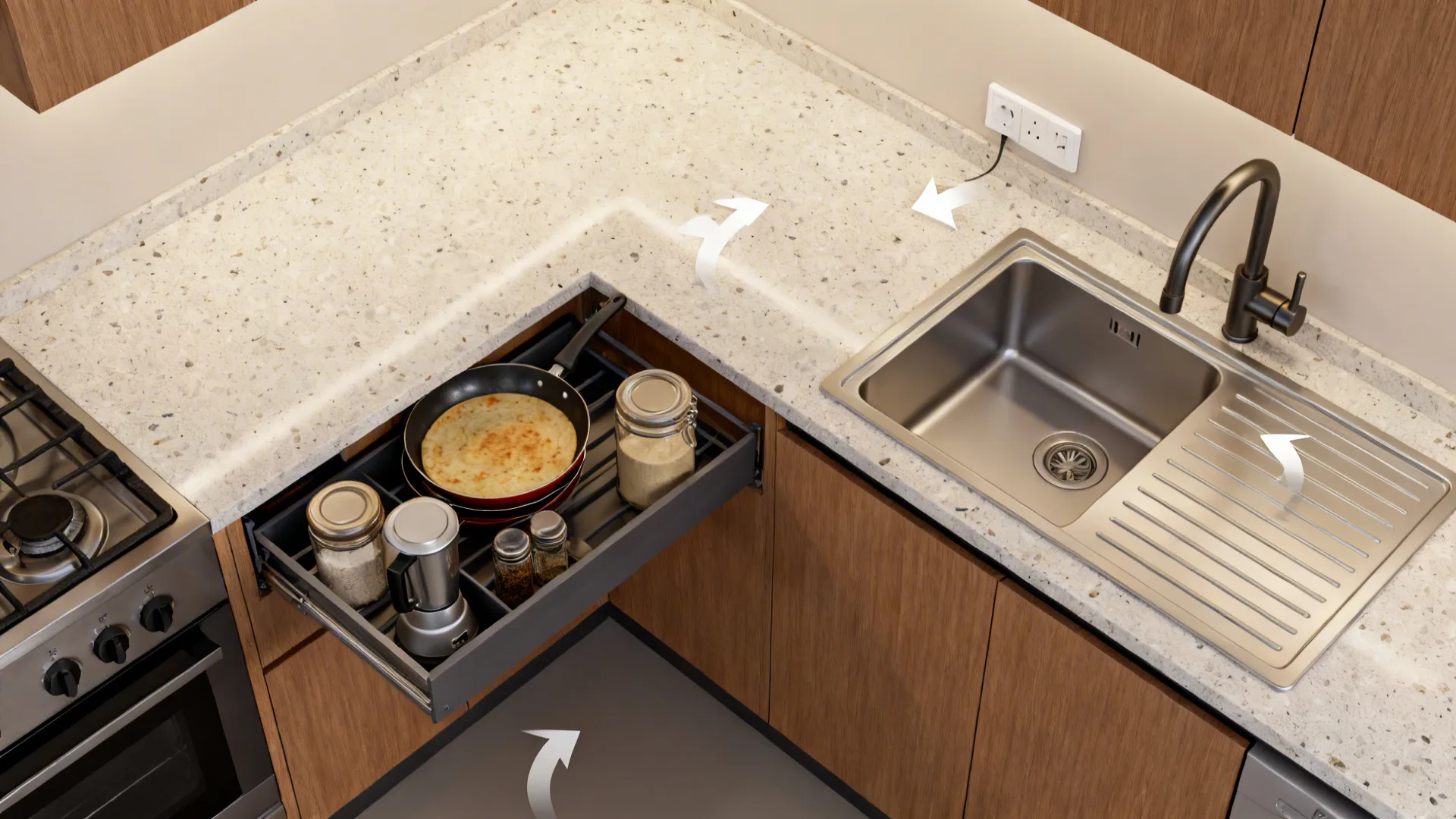 Top-down view of a LeMans corner tray with pans and a diagonal sink with drainer in the corner.