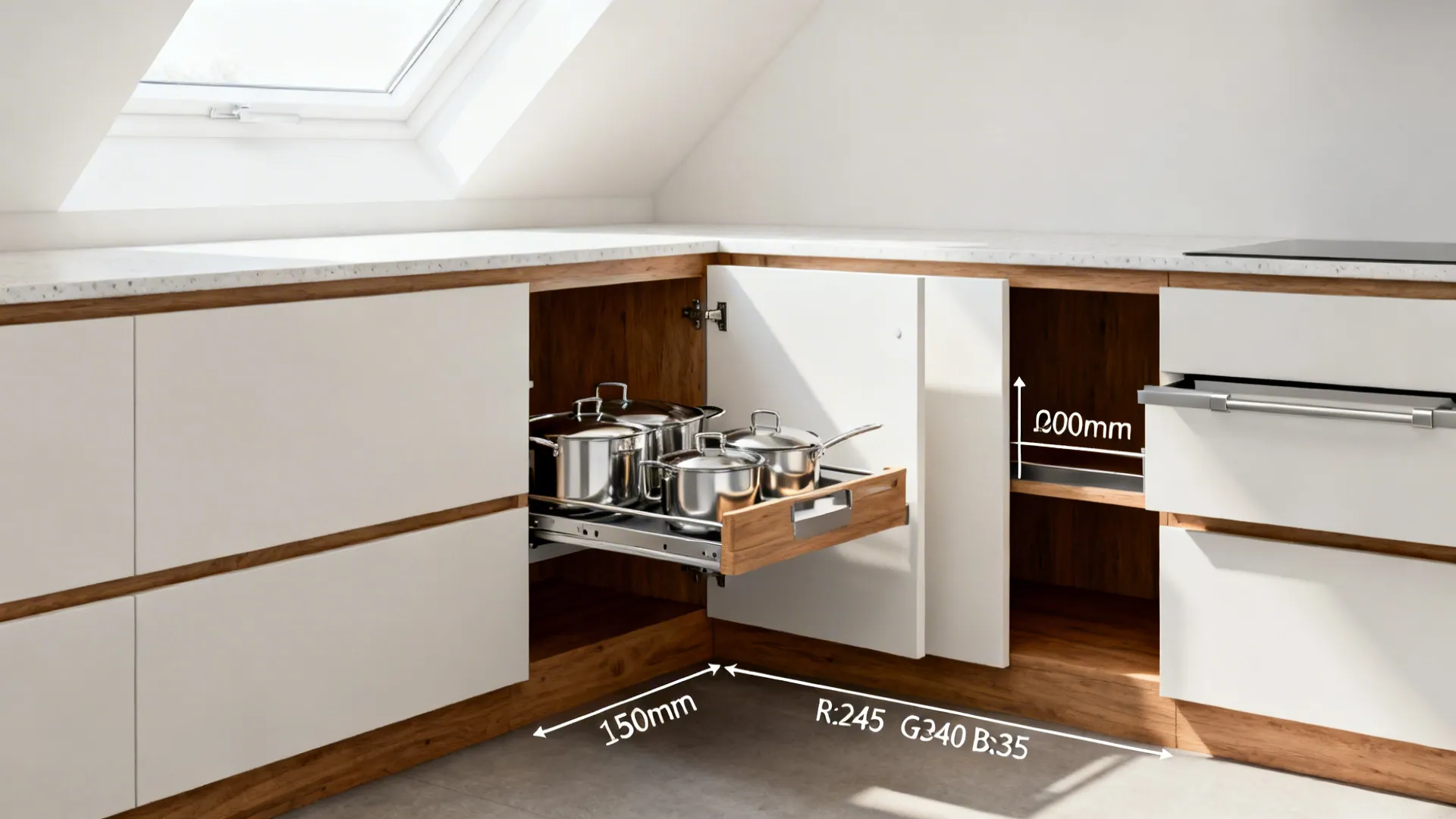 Corner base cabinet with a Lemans tray swinging out and cookware accessible, showing clearances.
