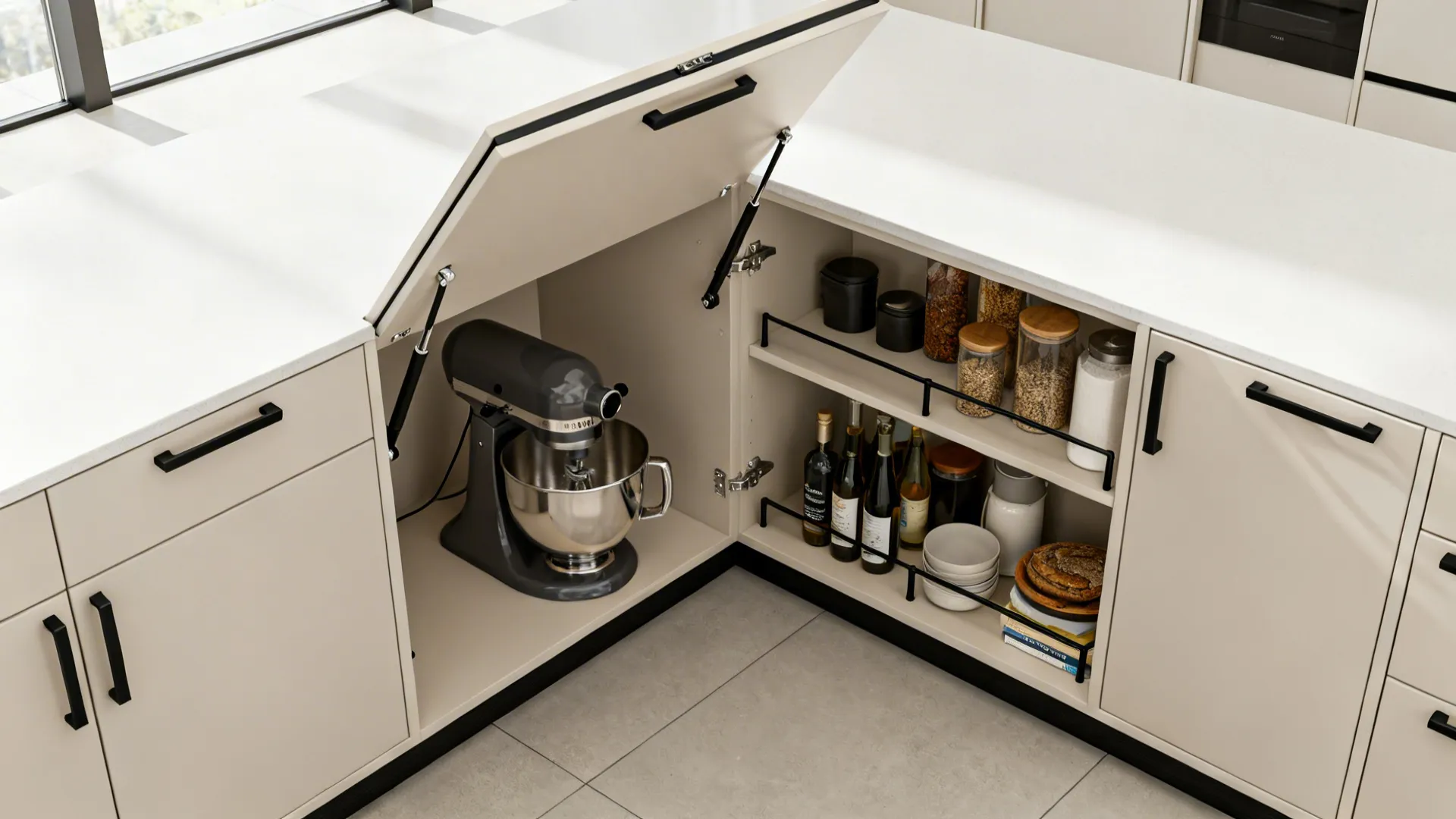 Top-down view of a corner overhead with a bi-fold lift-up door clearing appliances.