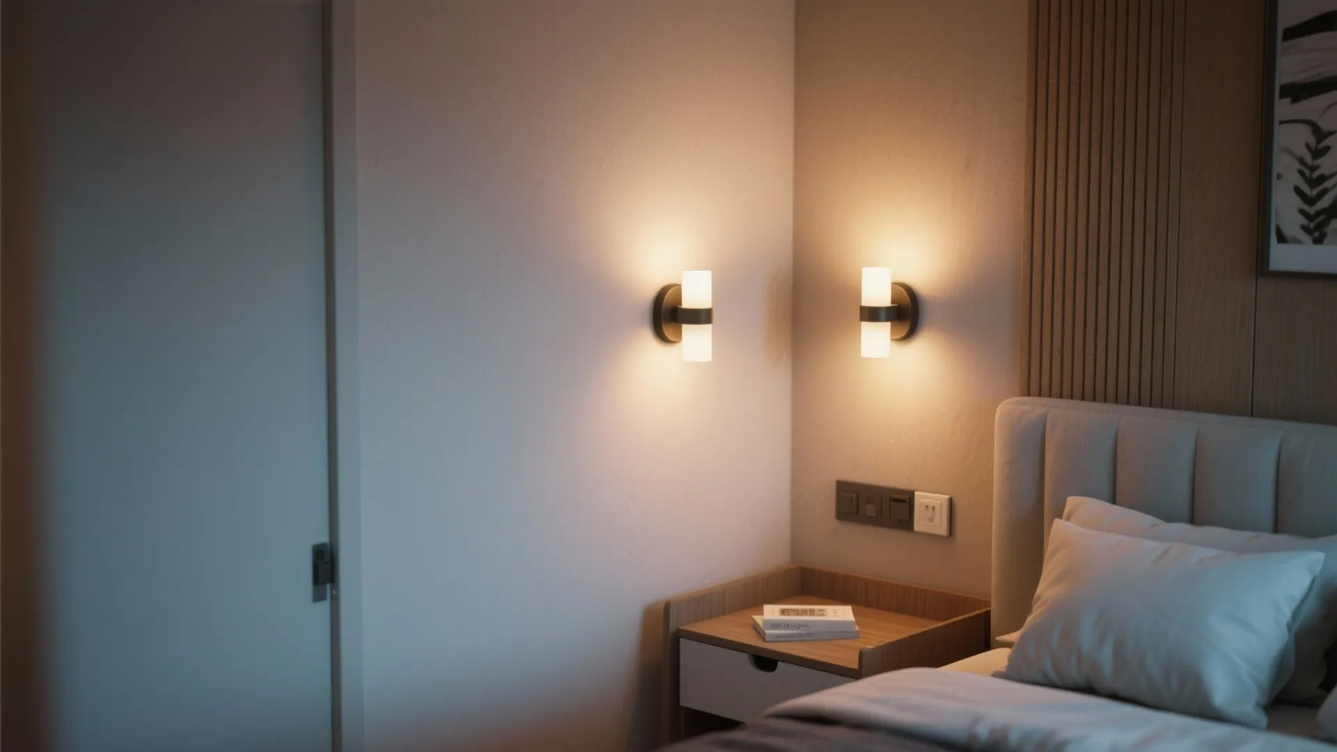 Two wall lights on white bedroom walls above a bedside table with books and bed