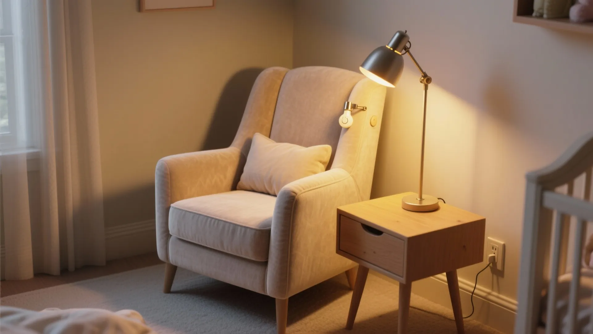 Comfortable beige armchair next to a wooden side table with a desk lamp in corner