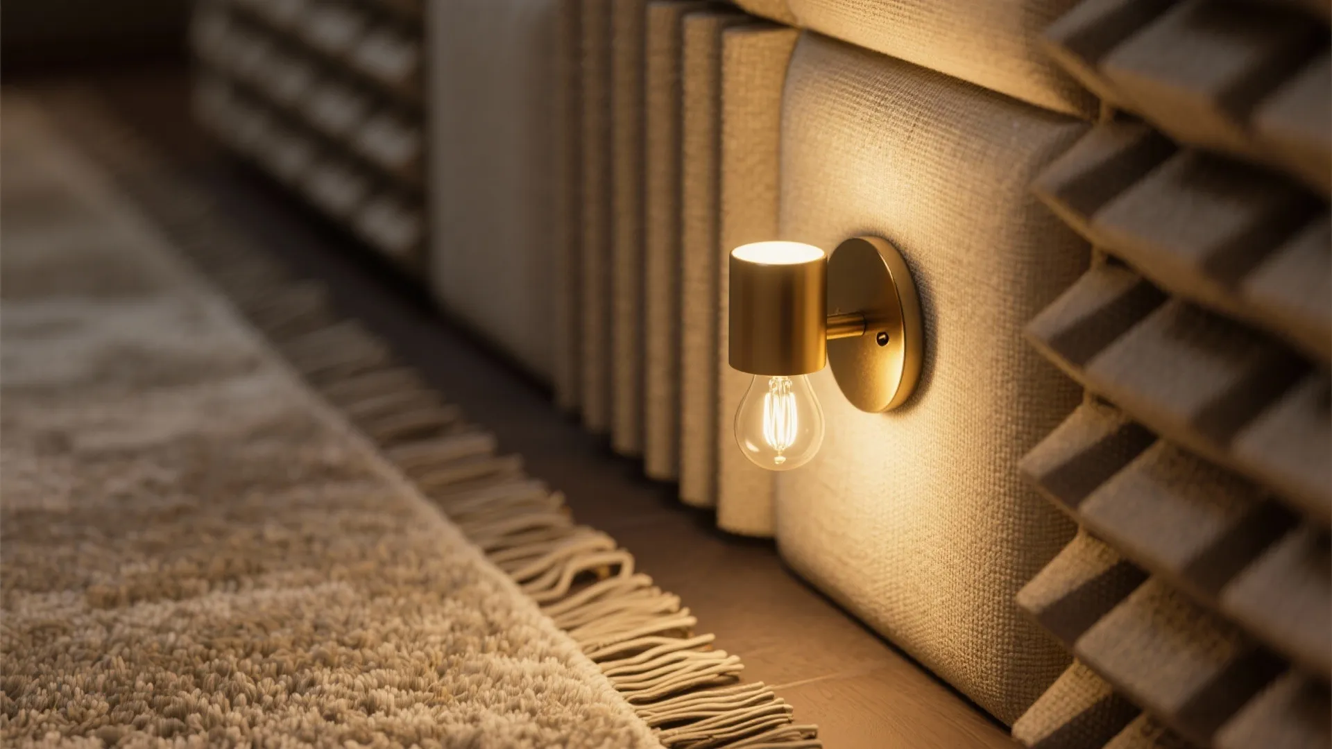 Macro of warm sconce light, acoustic fabric weave, and rug fibers creating a hushed ambiance.