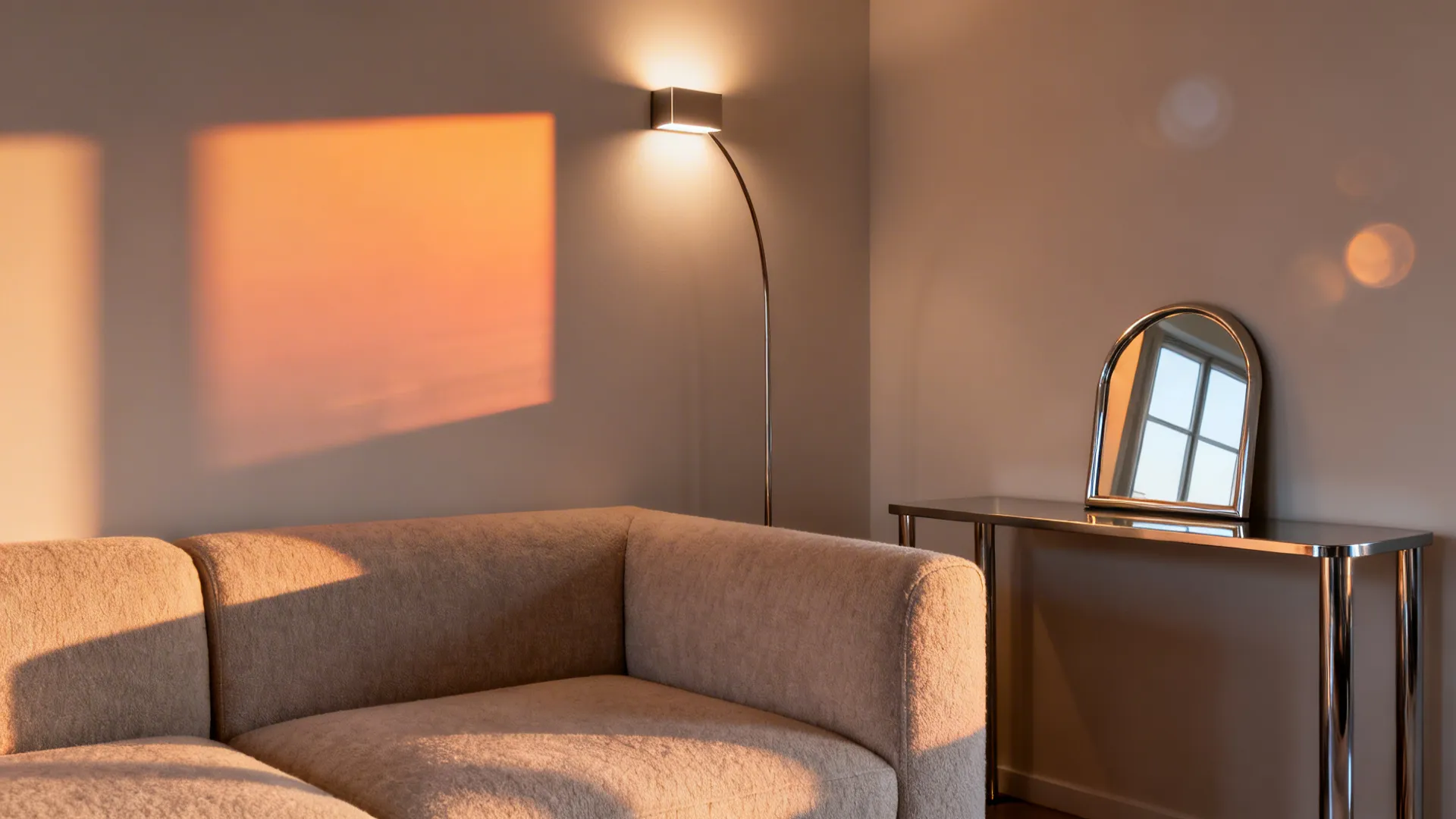 Cozy living room corner with beige sofa floor lamp small table and sunset light reflection