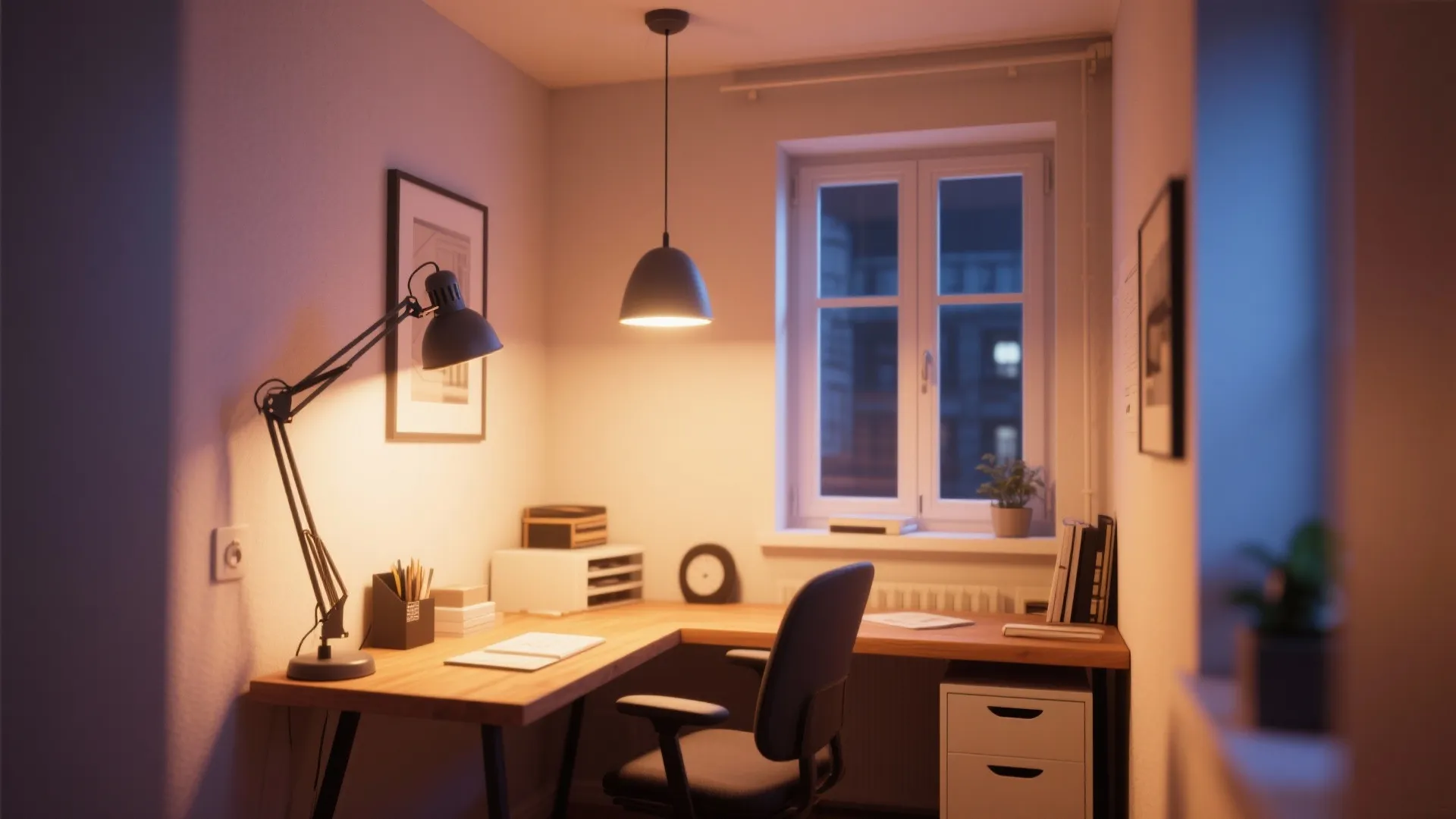 Cozy corner home office with wooden desk black chair table lamp hanging light and window