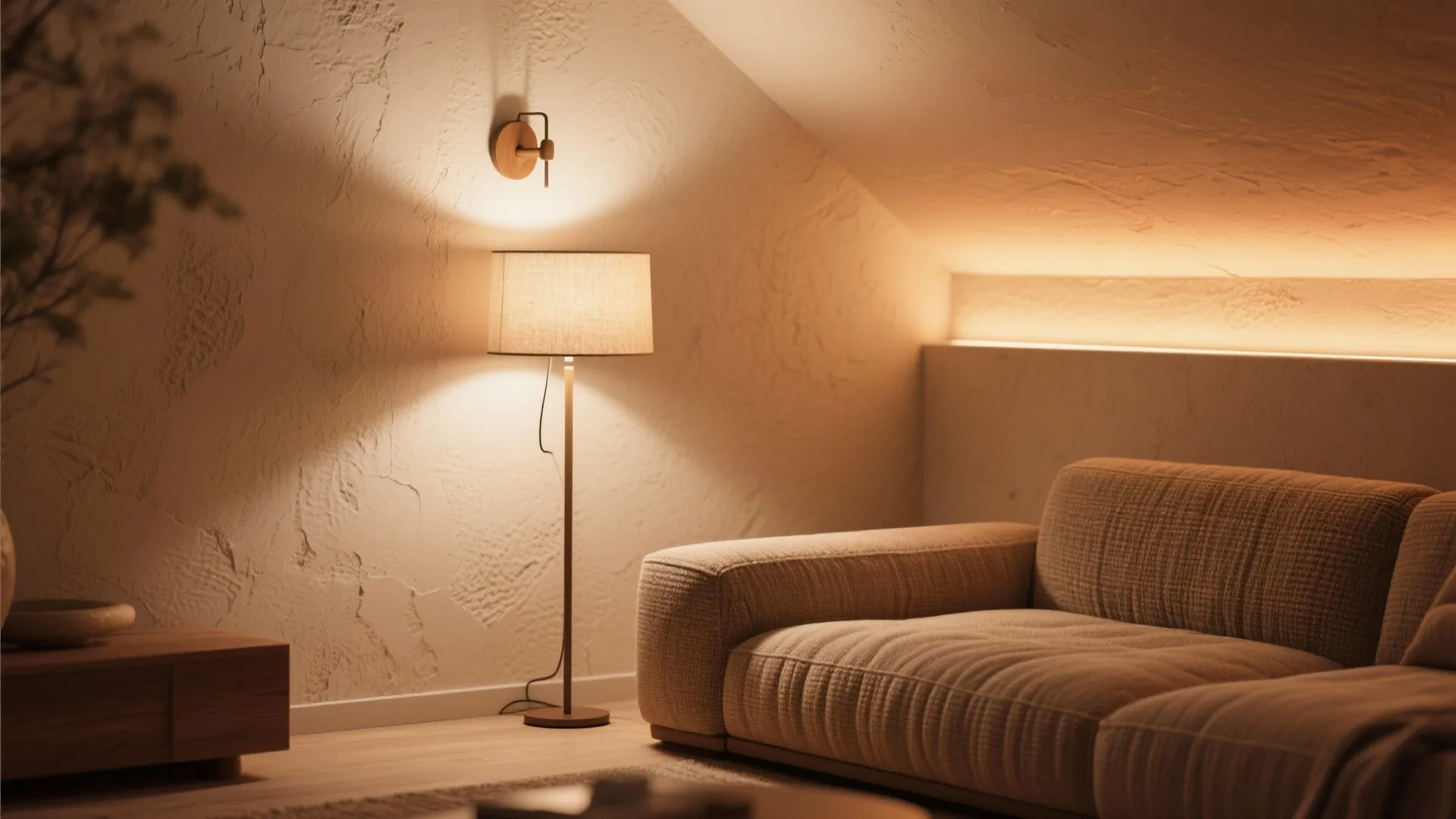 Macro of layered corner lighting on fabric sofa and textured wall for a cozy L-shaped layout