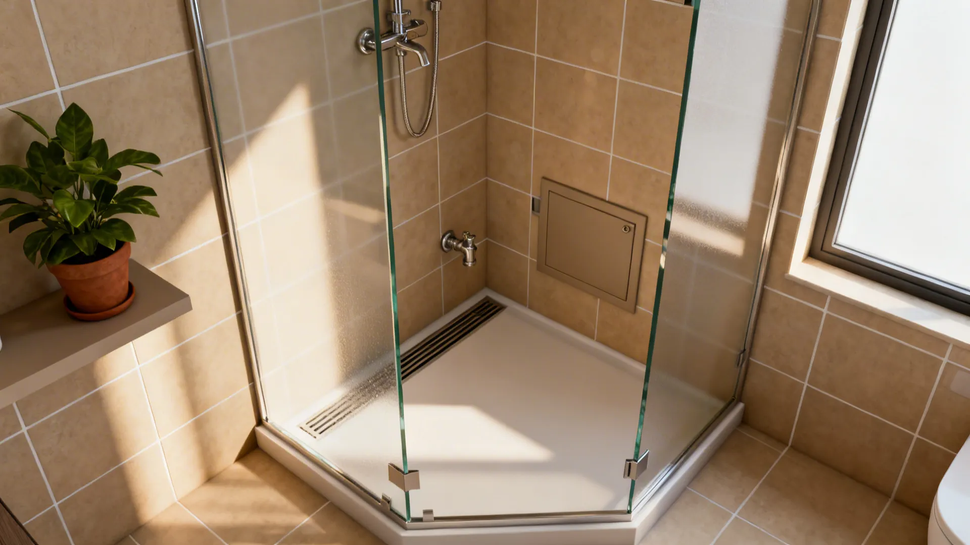 Corner walk-in shower with a linear drain along the wall, opening up central bathroom floor space