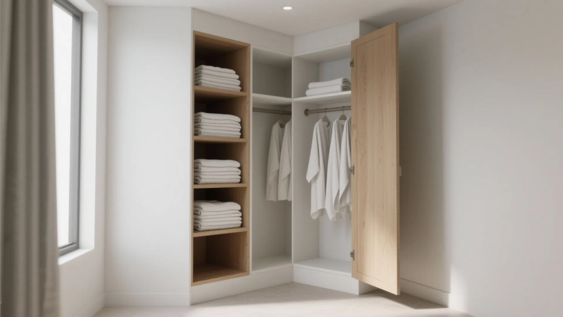 Modern white corner wardrobe with wooden shelves holding folded white towels and hanging white shirts inside