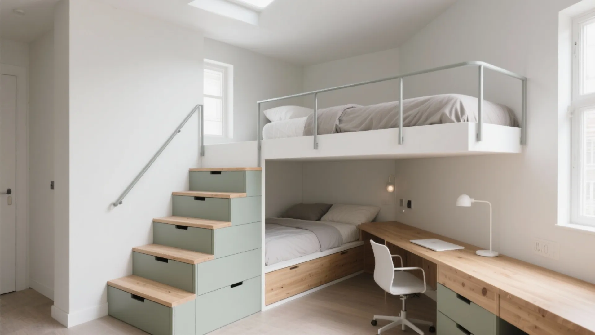 Modern white loft bed with green storage stairs wooden desk white chair and large bright windows