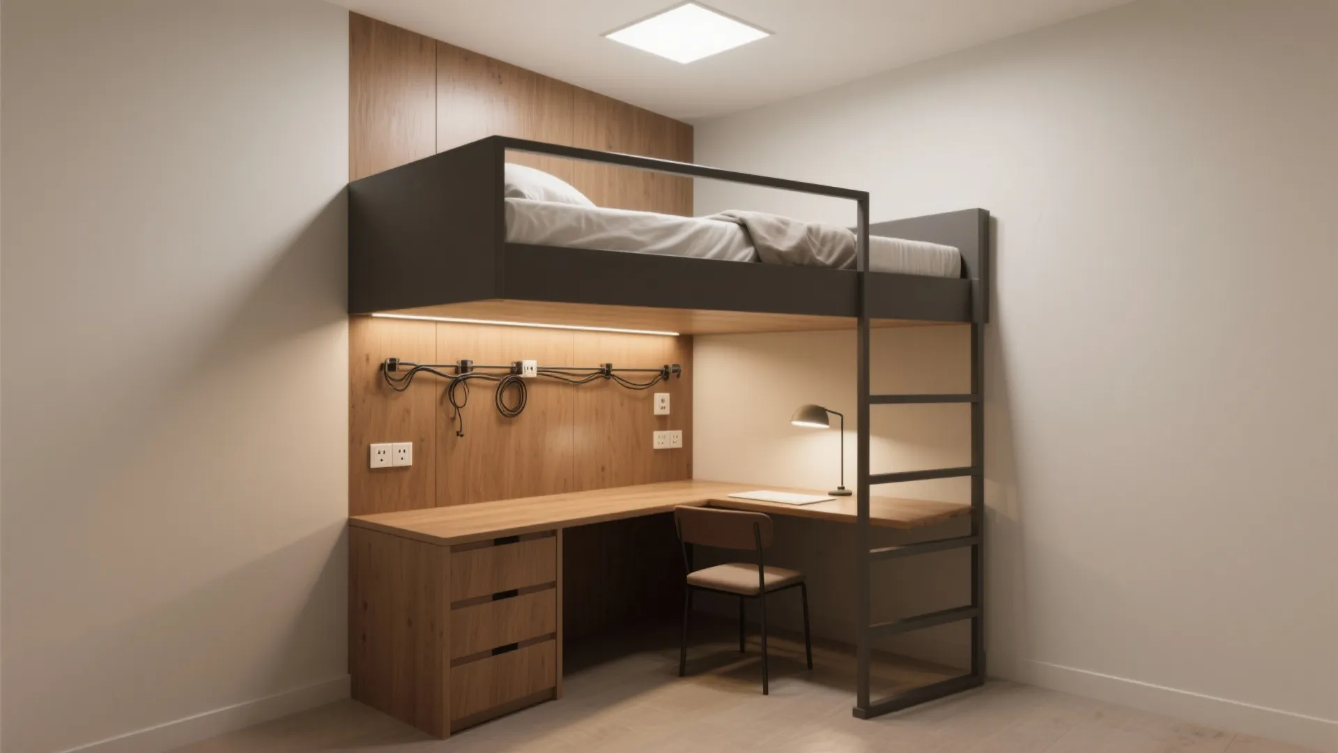 Corner loft bed with integrated desk under