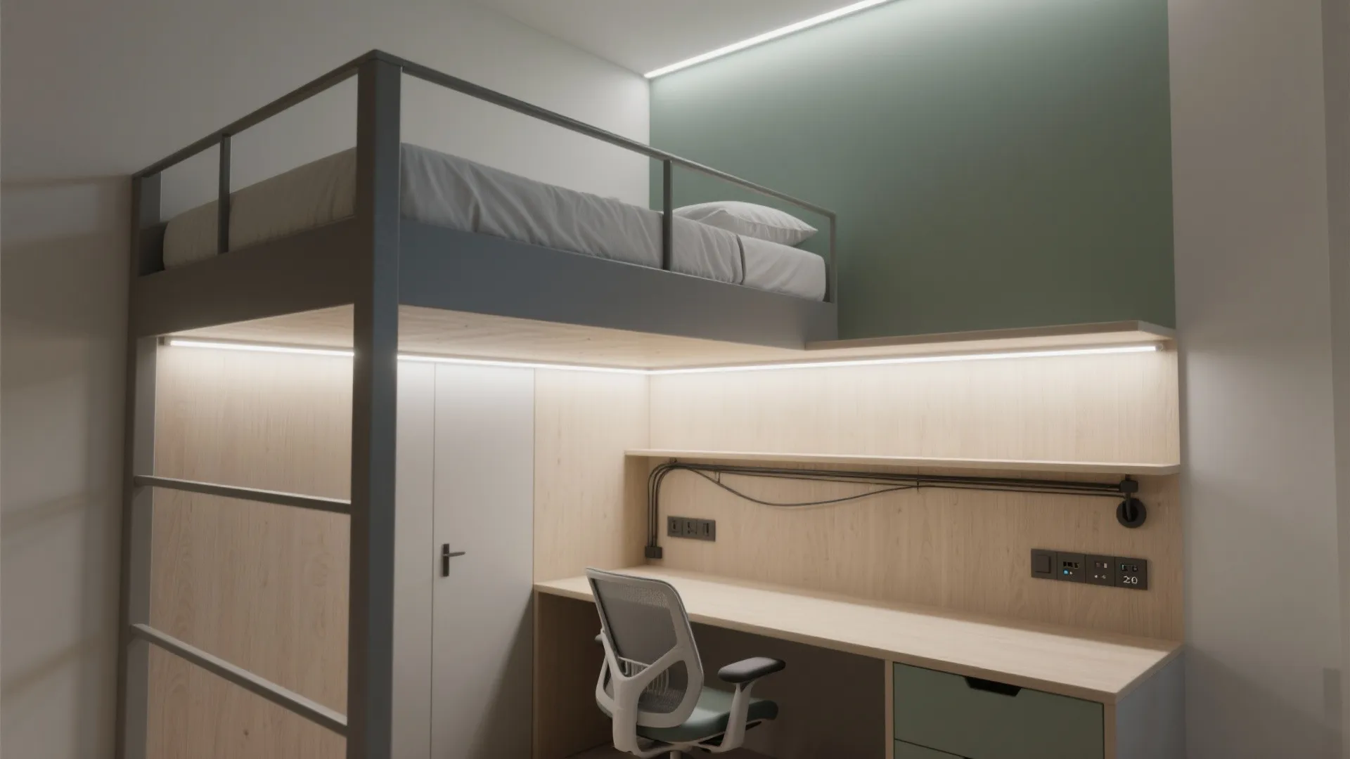Modern loft bed with grey metal frame above a wooden desk and chair in small bedroom