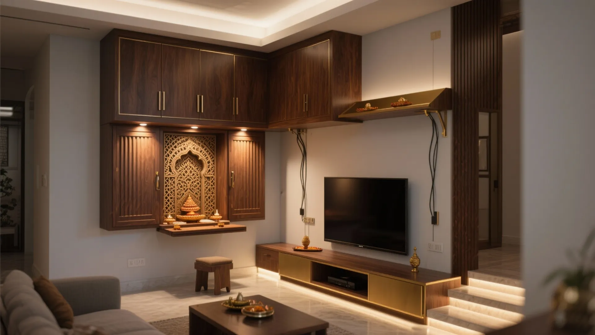 Compact corner TV with an overhead mandir loft cabinet, layered warm lighting, and space-saving design.
