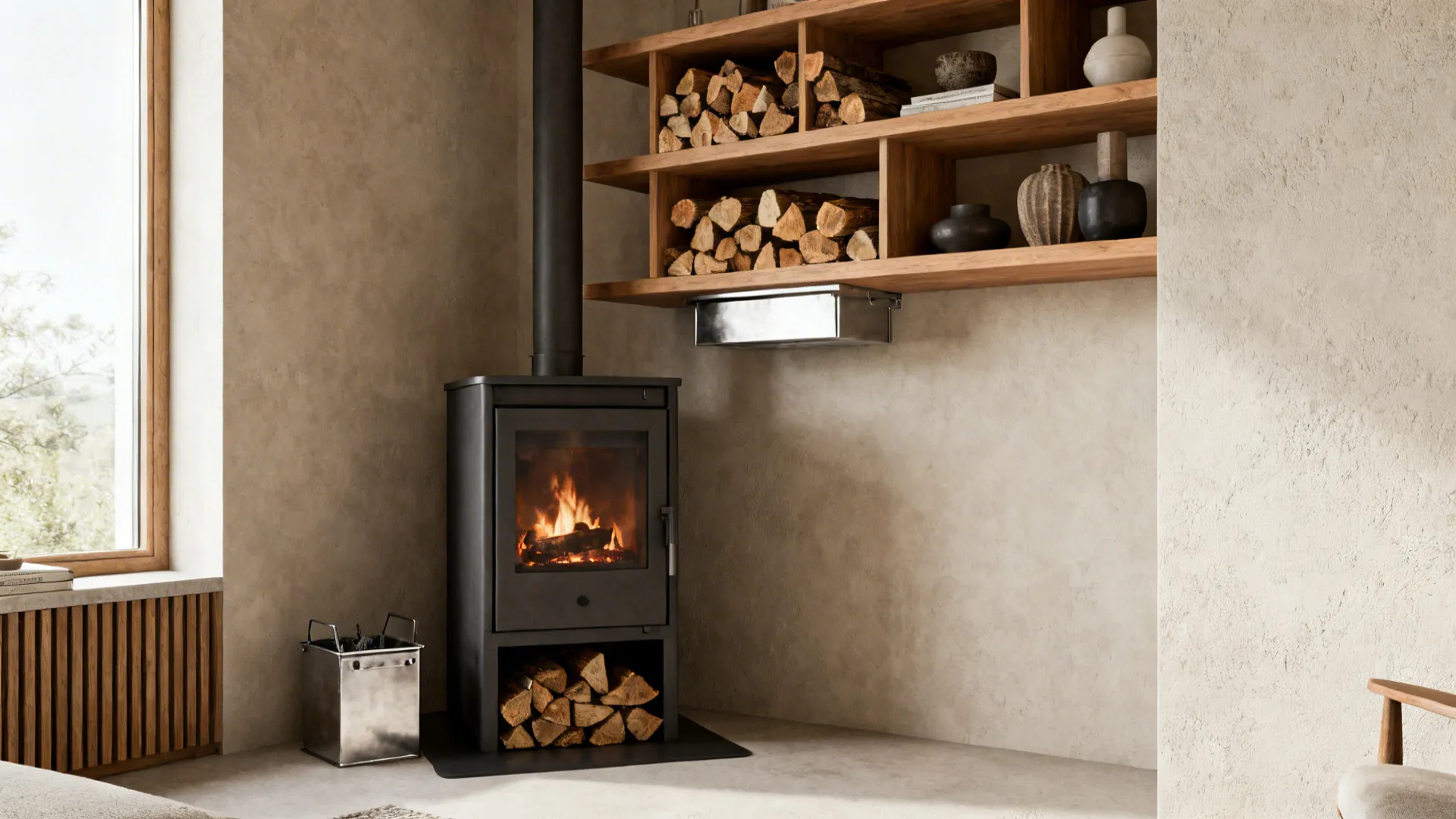 1. Corner log burner with floating storage