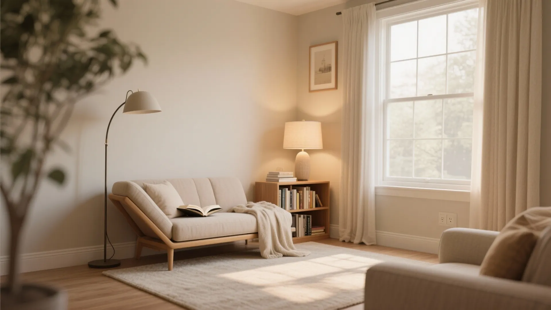 Cozy reading corner with beige sofa small wooden bookshelf floor lamp and window with white curtains