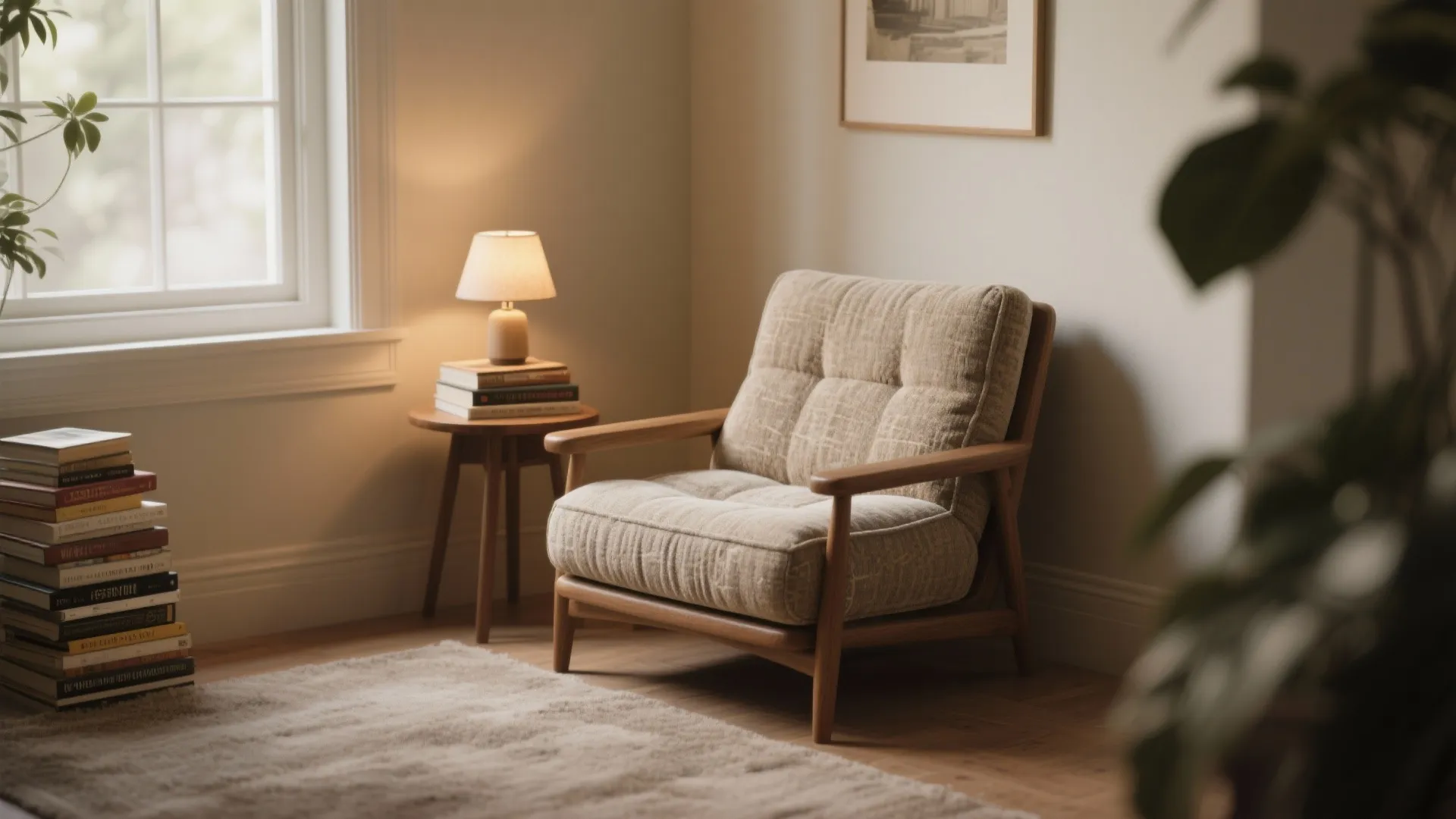 Cozy reading corner with beige lounge chair wooden side table small lamp books and natural light