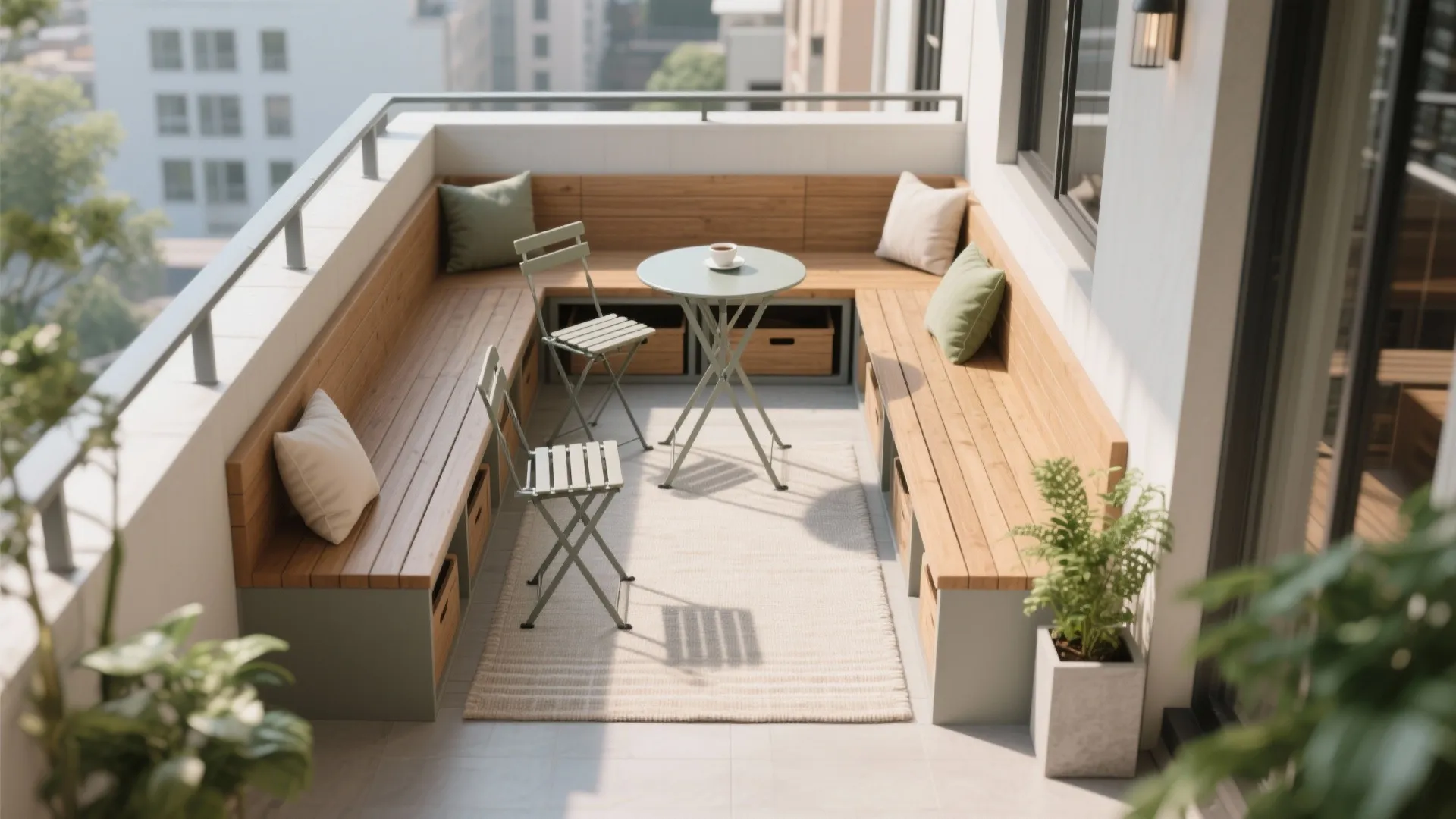 Modern balcony with wooden corner bench seating, small round table, metal chairs, and green pillows