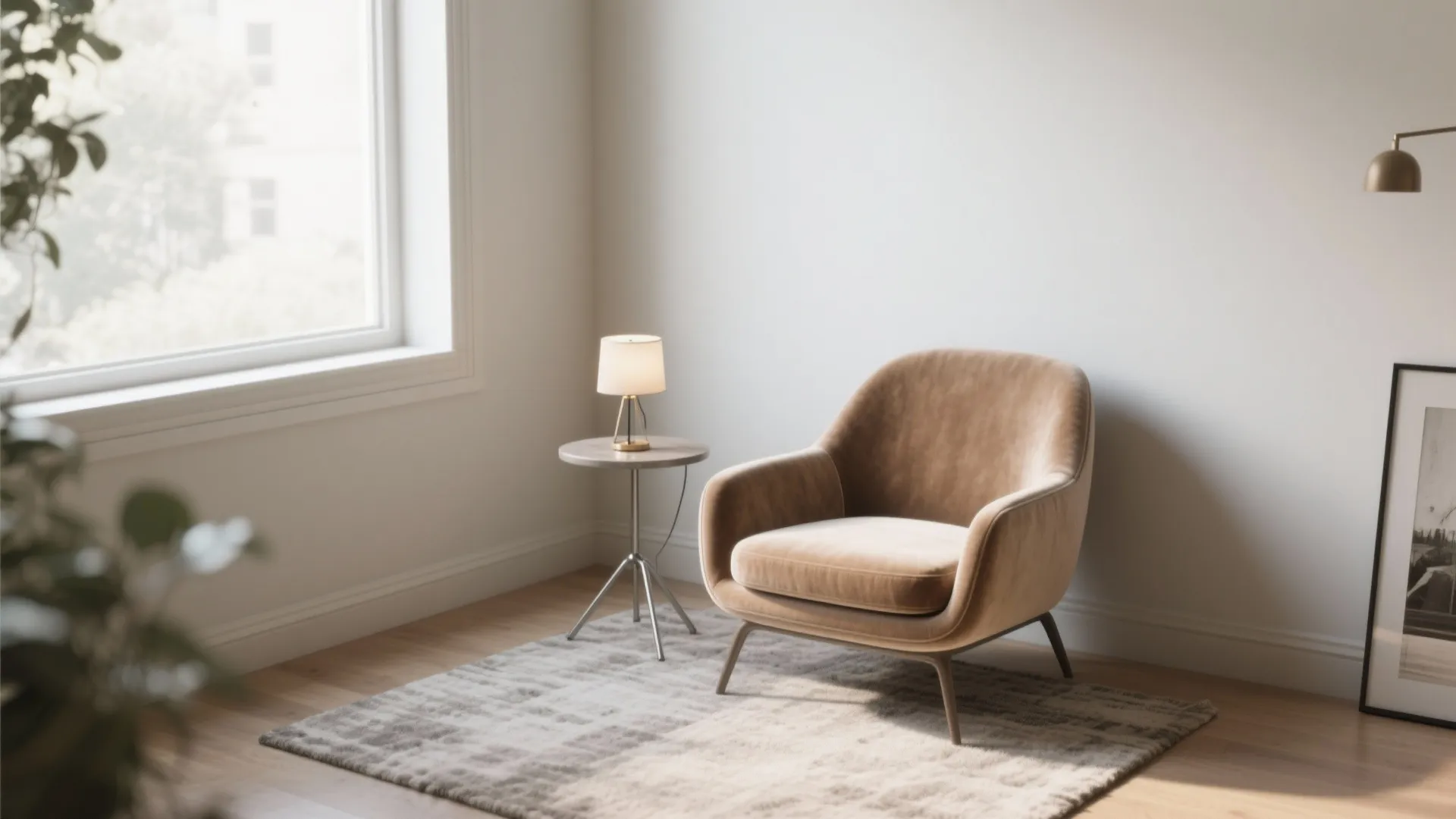 3. Corner lounge with a low-profile chair and side table