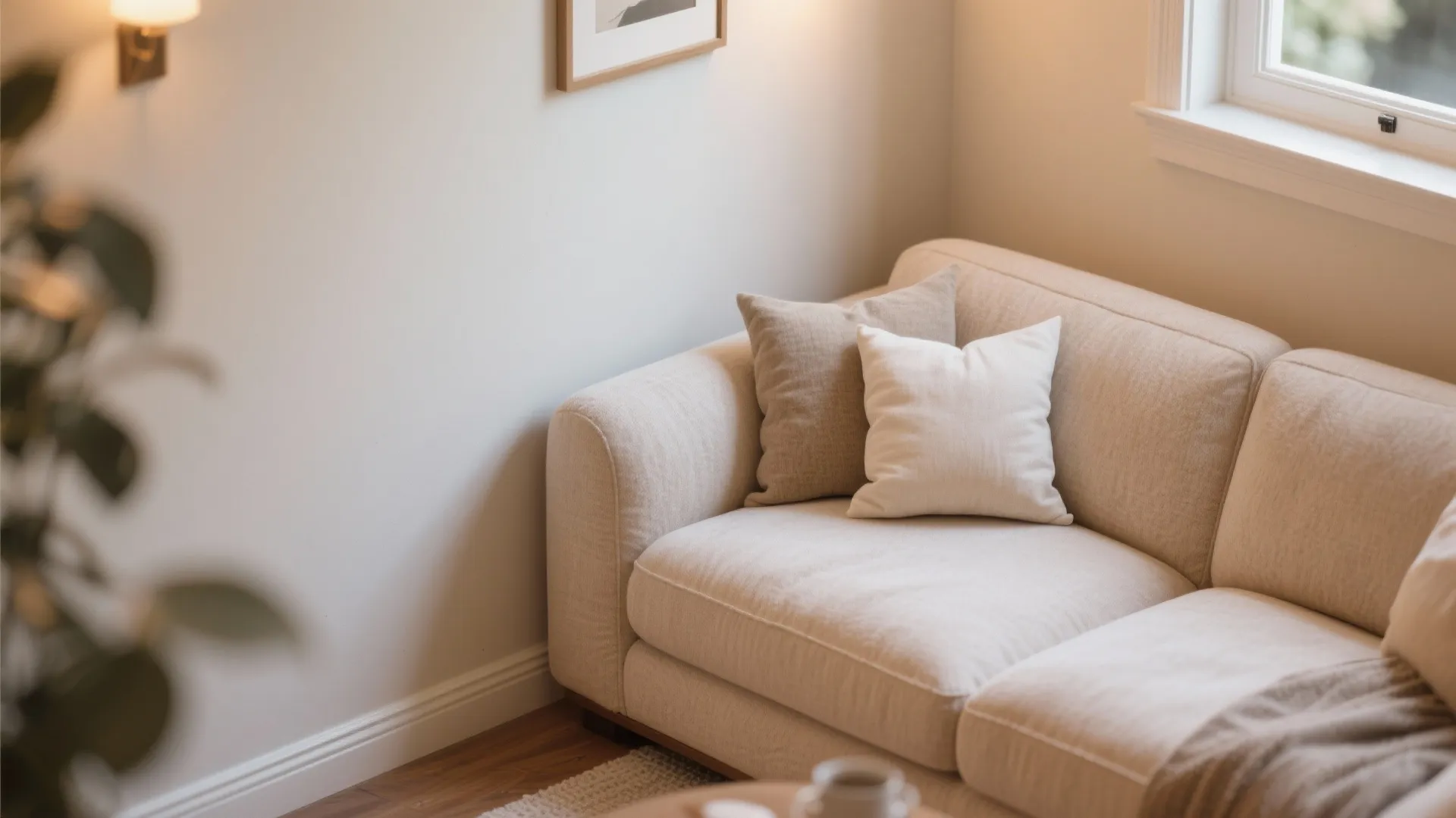 Comfortable beige sofa in a corner with soft pillows and natural light from a window