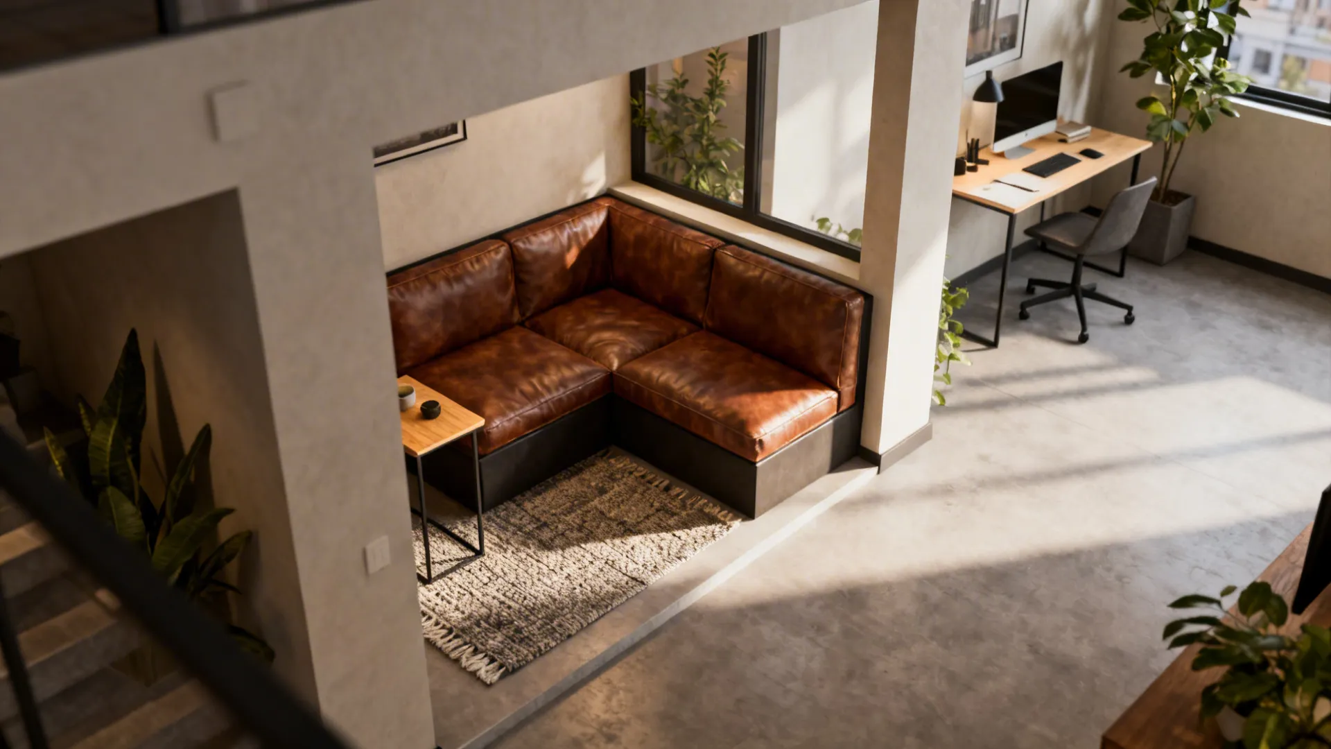 Compact leather corner loveseat tucked into an apartment alcove next to a small workspace