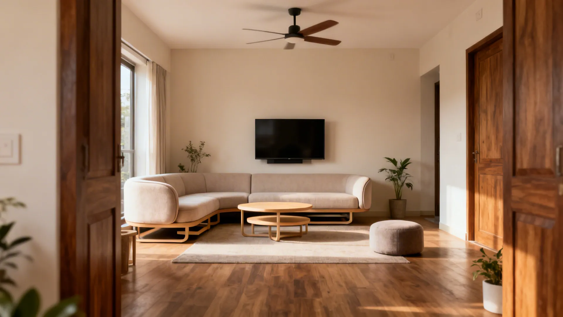 Corner loveseat with lightweight nesting tables and clear pathways in a compact living room.
