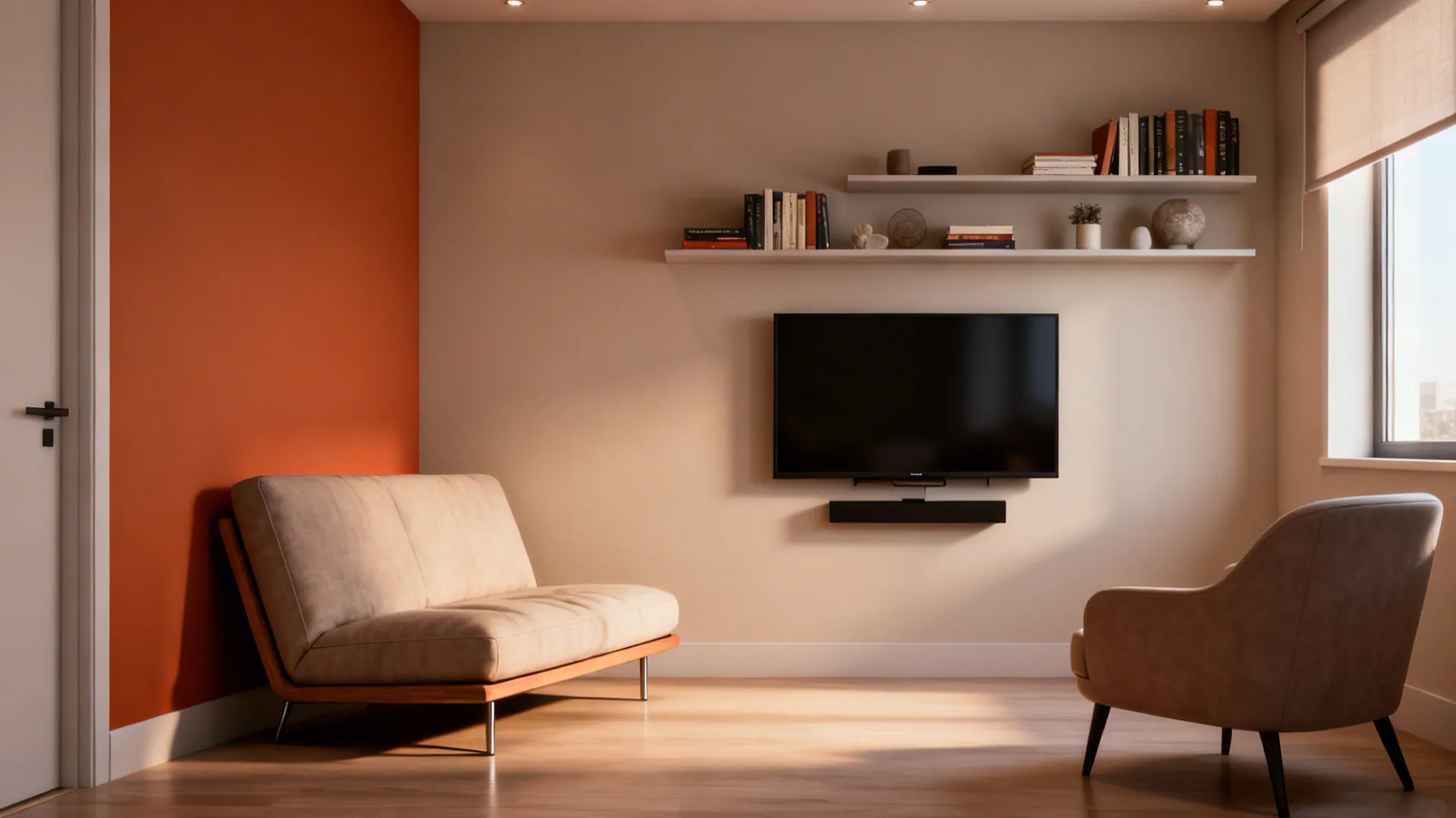 Angled loveseat in a corner facing a wall-mounted TV with floating shelves above
