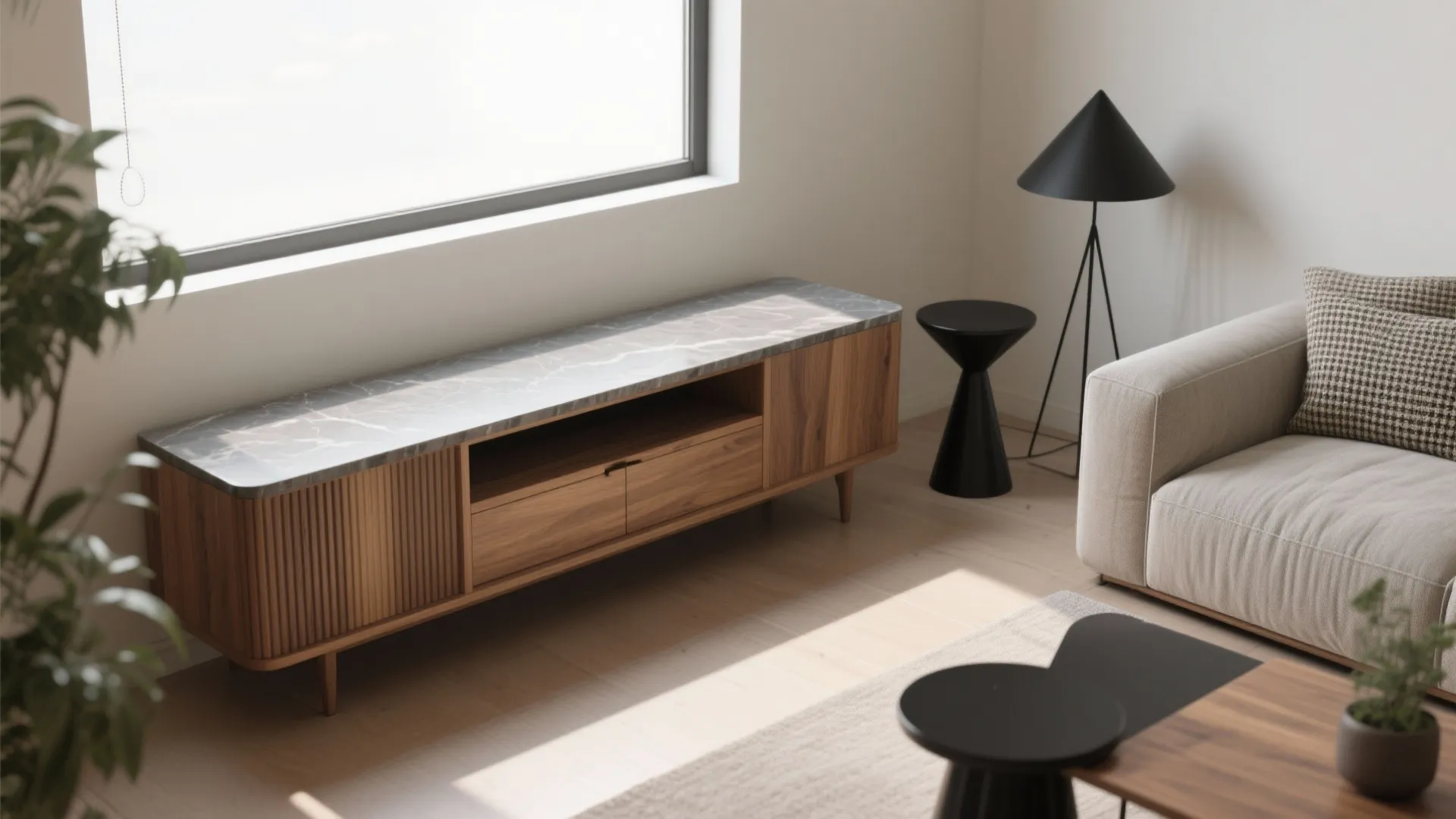Modern living room featuring a wooden cabinet with marble top next to a grey sofa