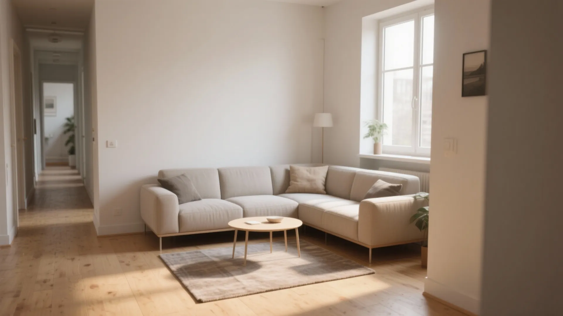 Modern bright living room with cream sofa coffee table grey rug wooden floor and window