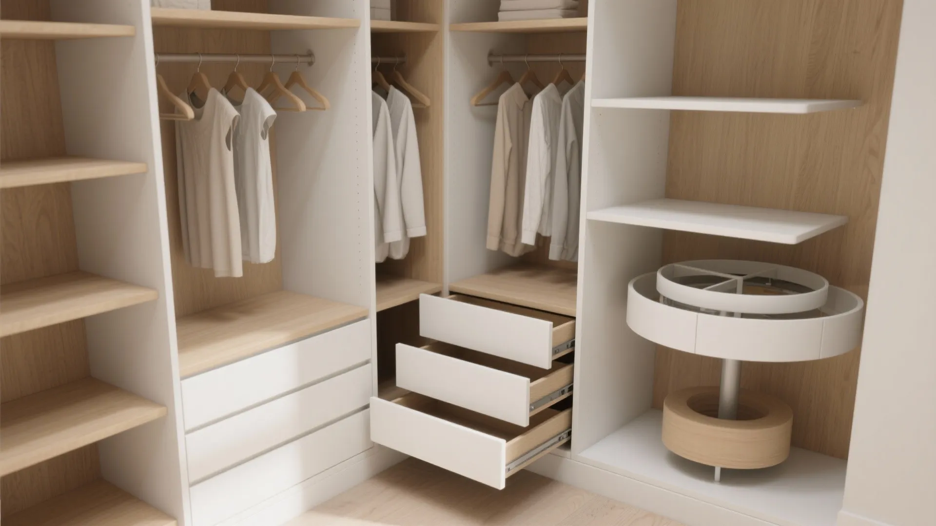 Interior design drawing of an l-shaped white cabinet with drawers shelves and rotating storage rack