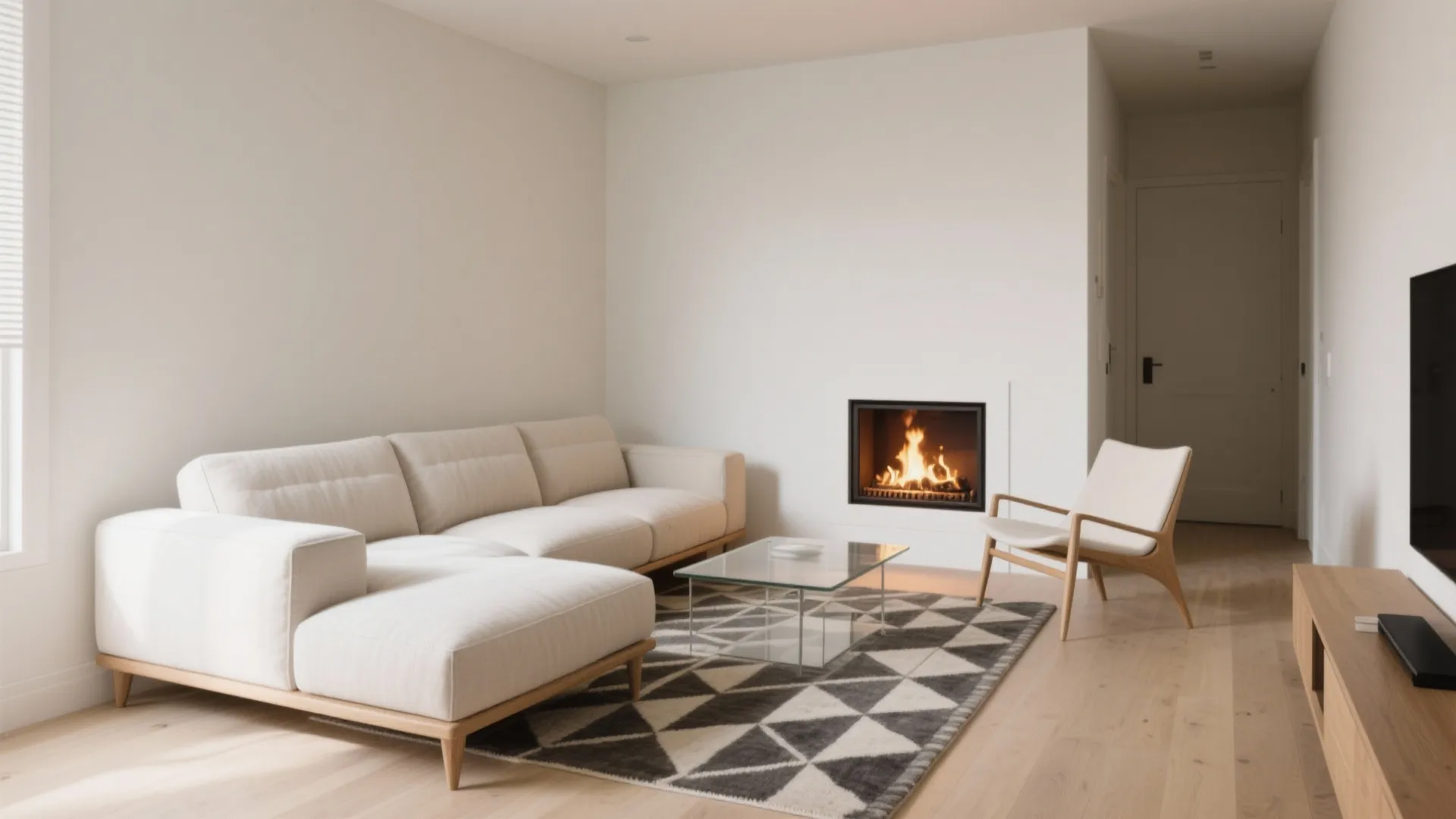 Corner fireplace game plan: L-shaped flow and compact conversations