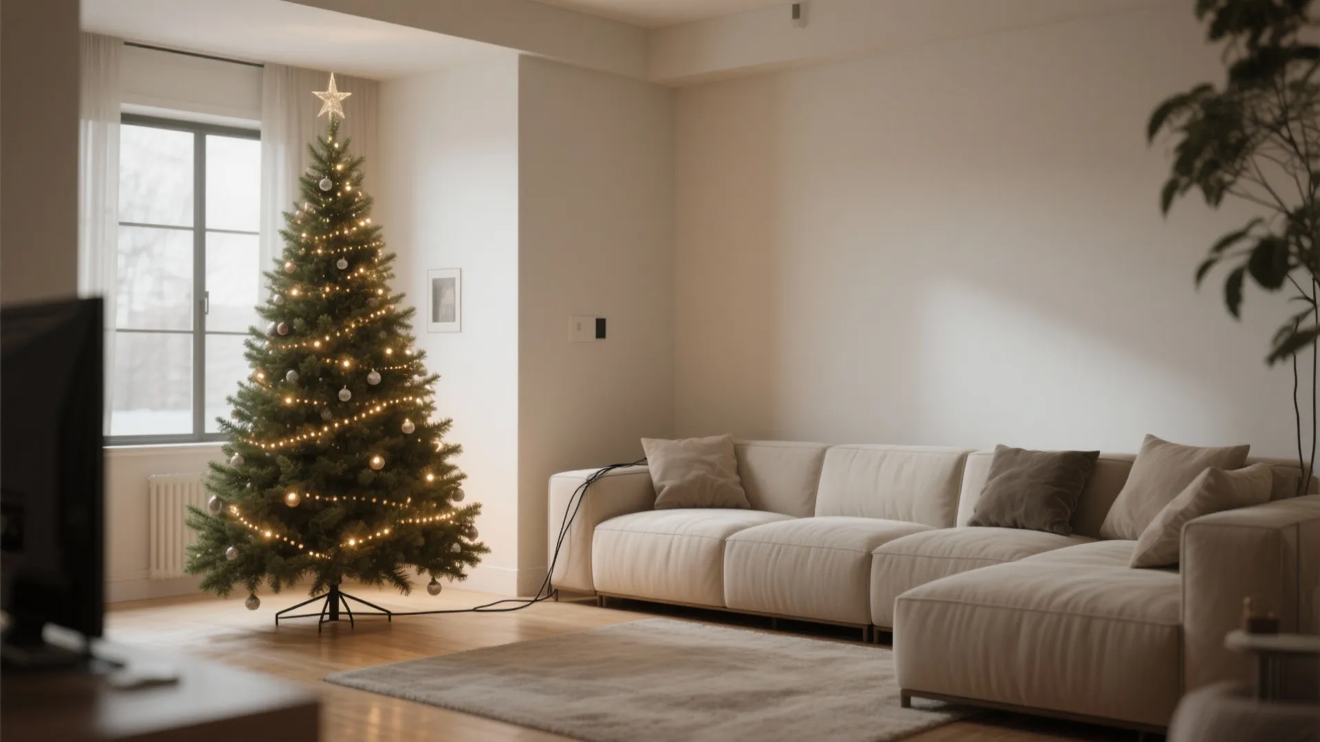 Modern living room corner featuring a lit Christmas tree beside a large beige sectional sofa