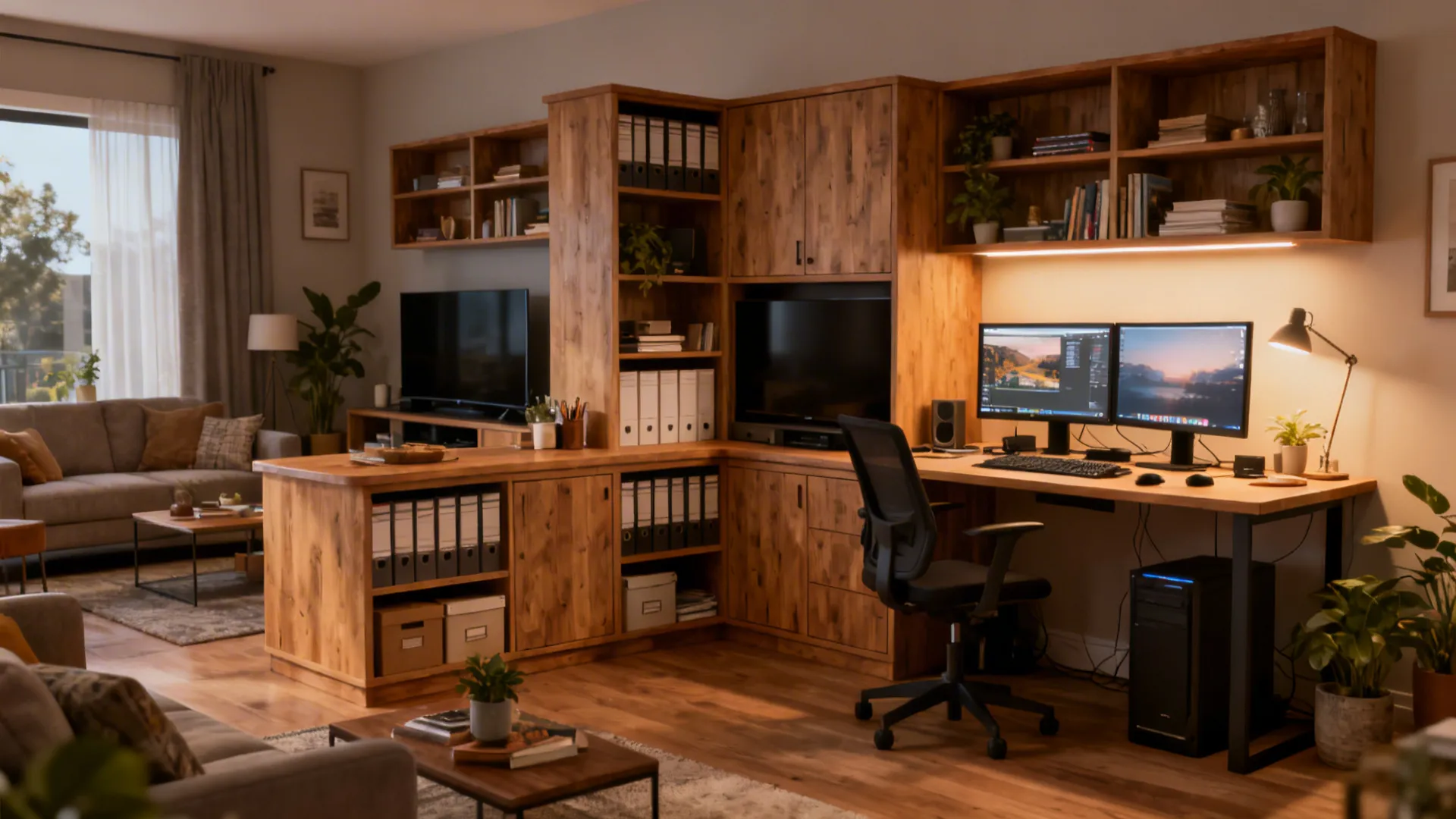 Large wooden corner desk with two monitors and plenty of shelves in a home office