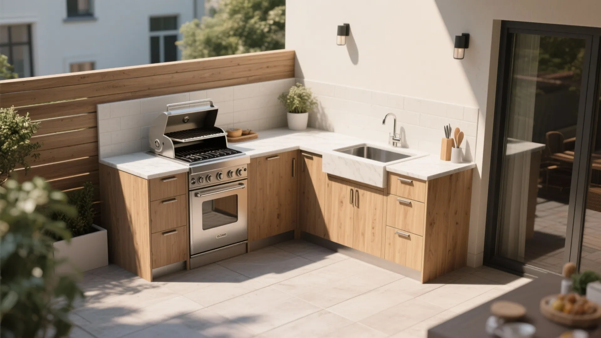 L-shaped outdoor kitchen with wooden cabinets, stainless steel grill, sink, and a high wooden fence