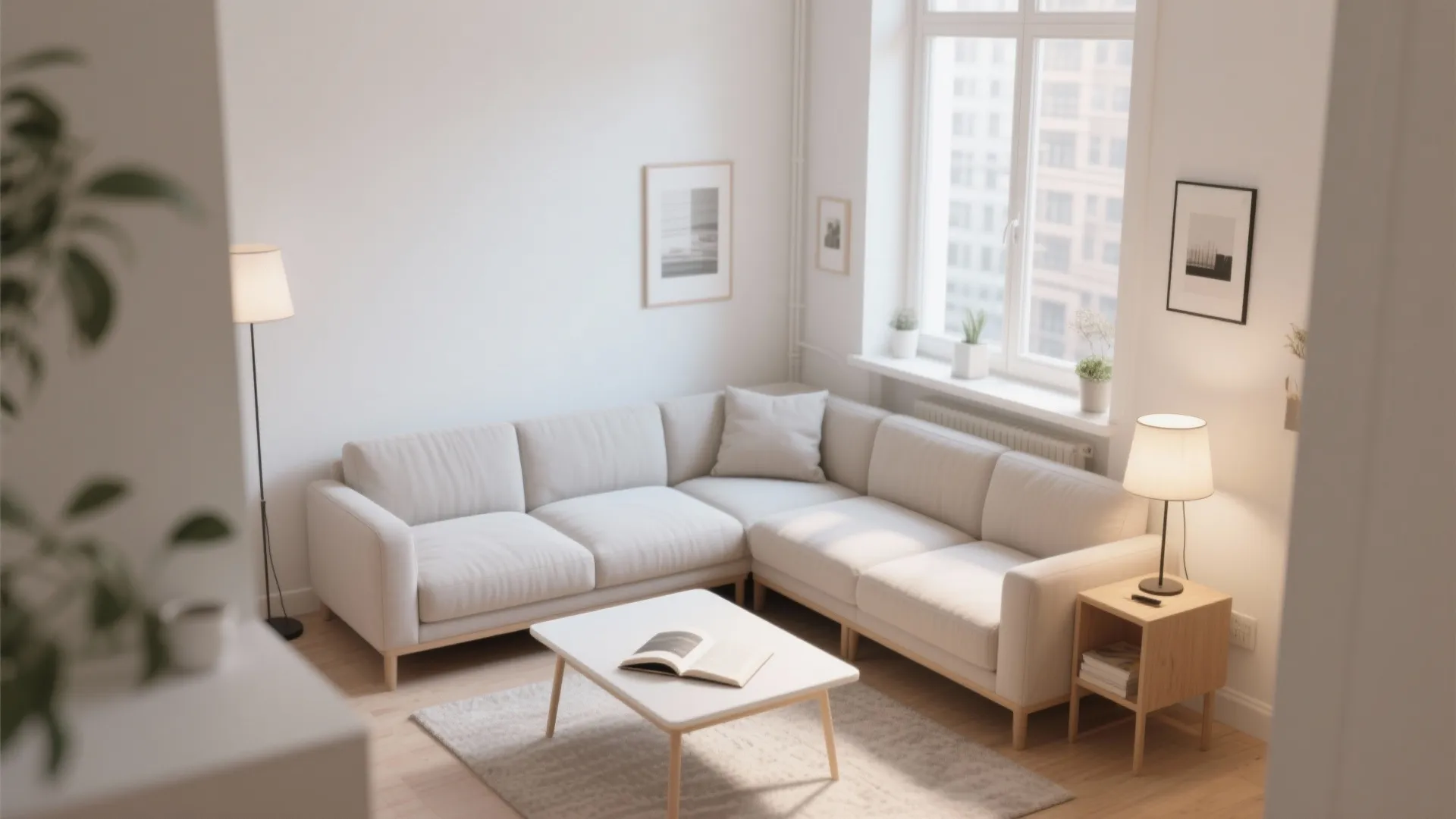 Bright white living room corner with cream sofa small coffee table and warm floor lamps