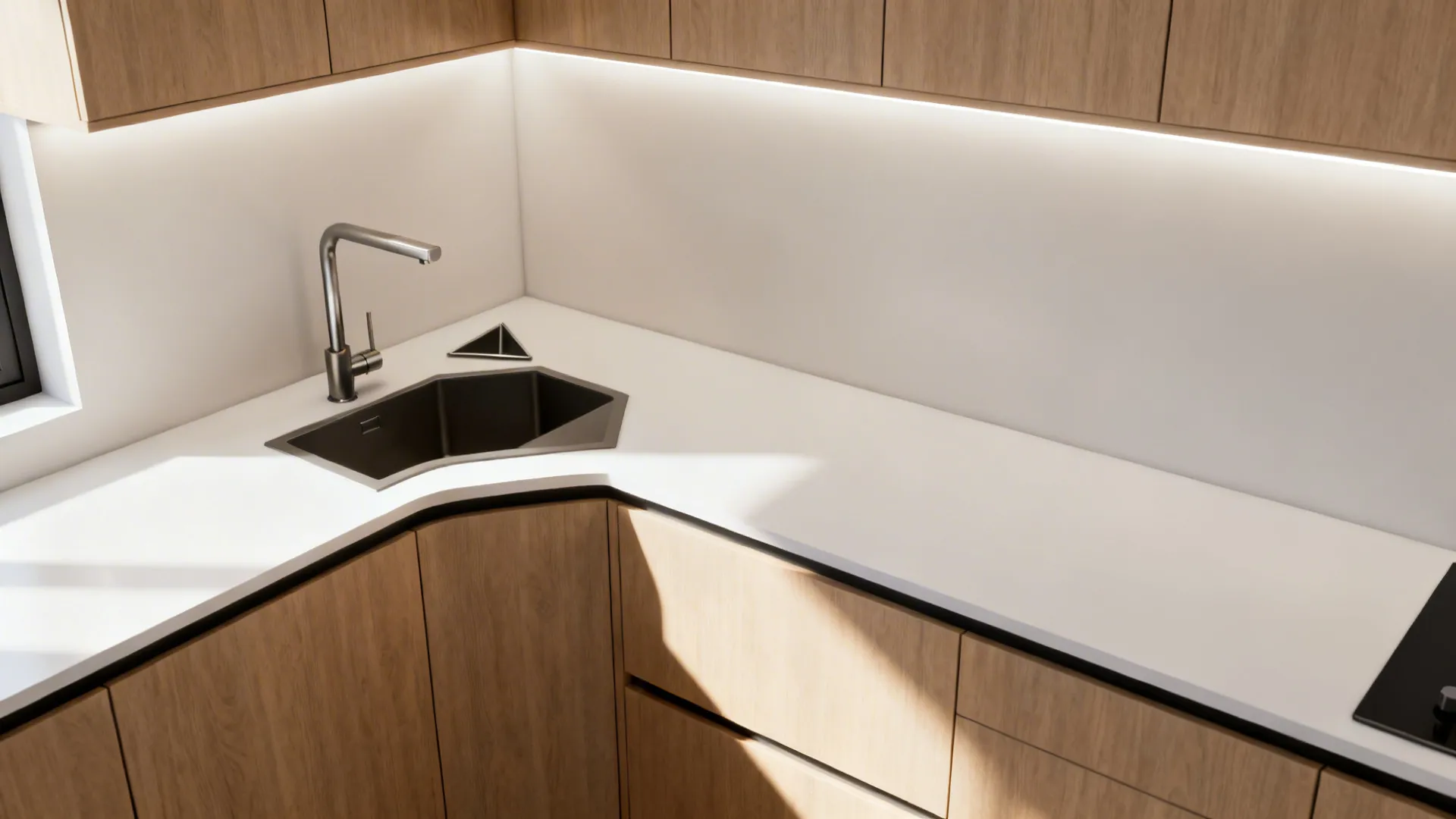 L-shaped kitchen with a compact corner sink and angled faucet freeing a long prep counter.