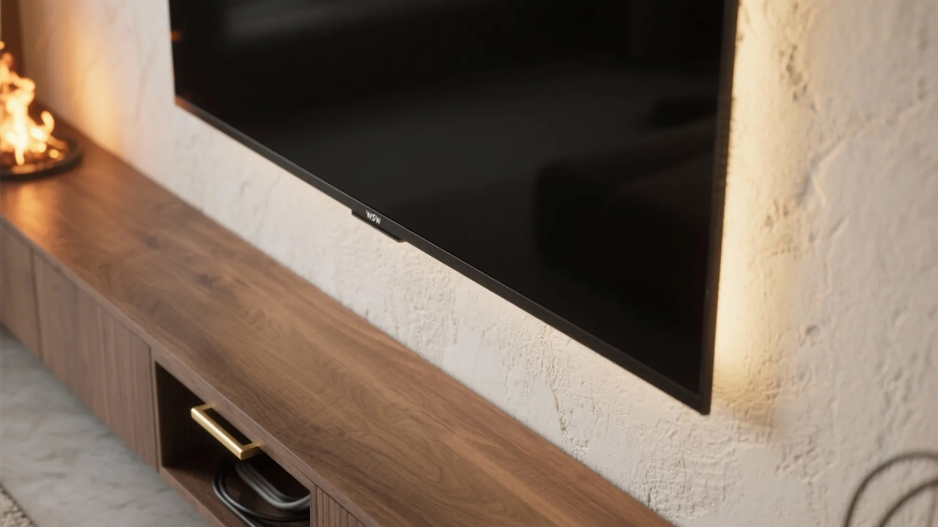 Corner focal point: media wall meets fireplace