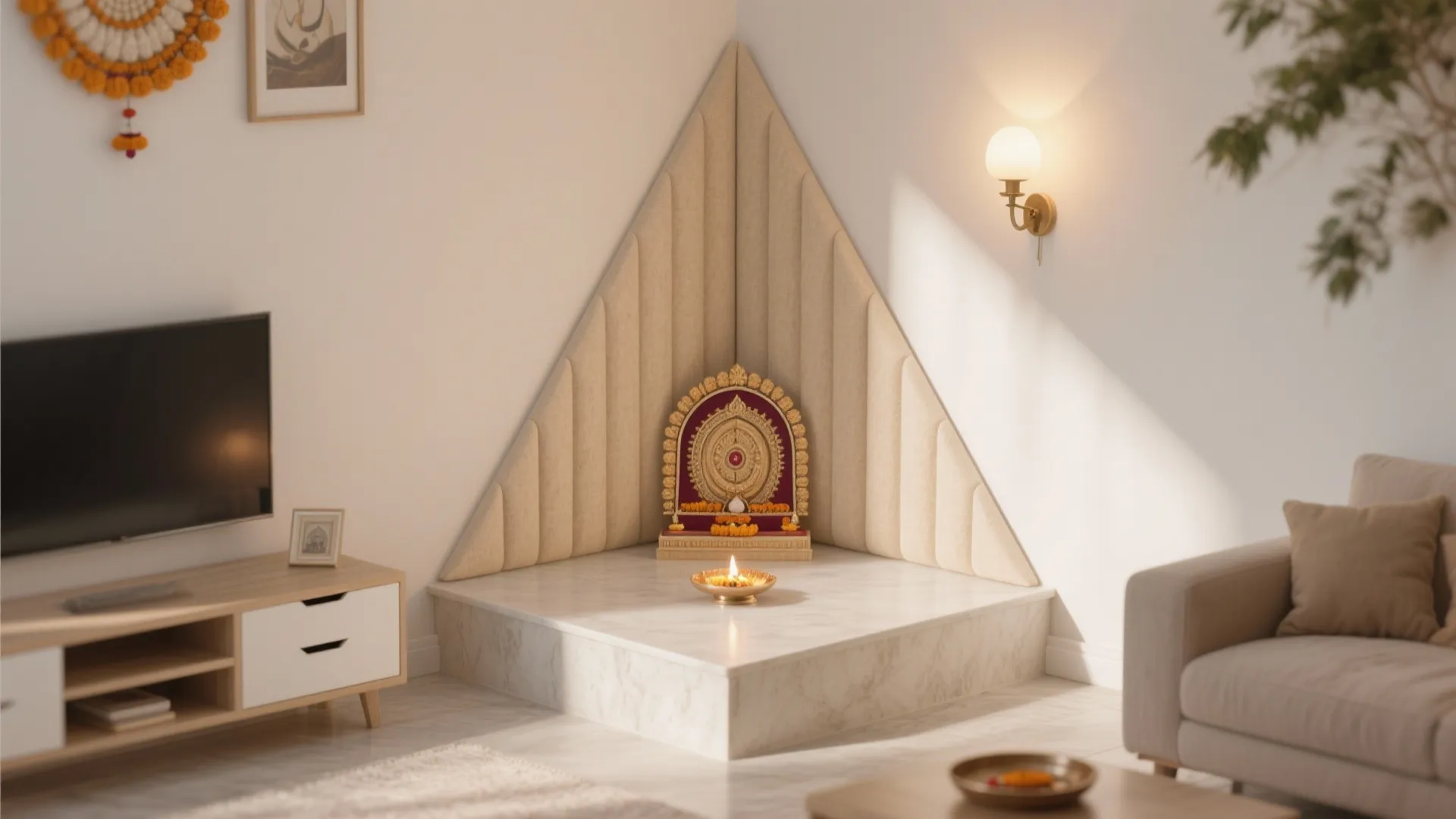 Corner interior design with marble base, wall light, sofa, TV stand, and small prayer area