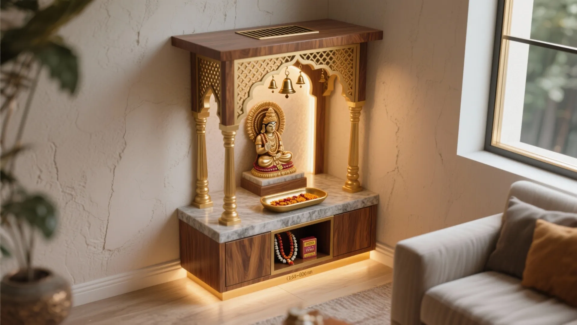 Small wooden prayer altar with gold pillars marble base bells and statue in living room