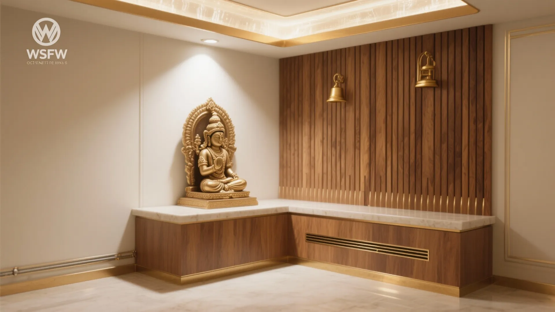 Prayer room corner with golden statue, marble cabinet, wood wall panel, and two wall lights