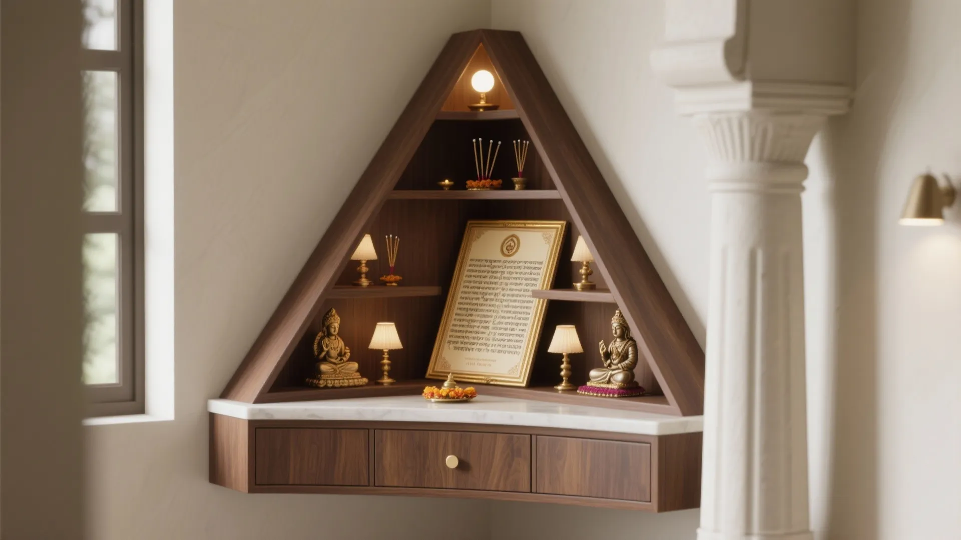 Corner Pooja Cupboard with Layered Storage