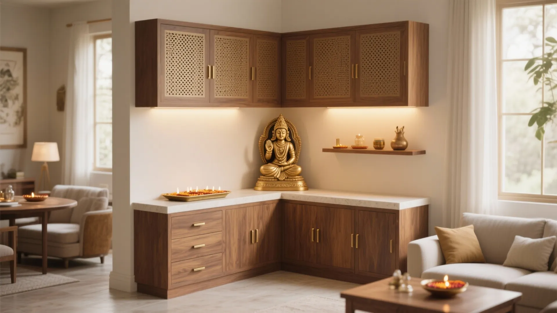 Corner wooden cabinet with gold statue white countertop woven doors and warm lights in living room