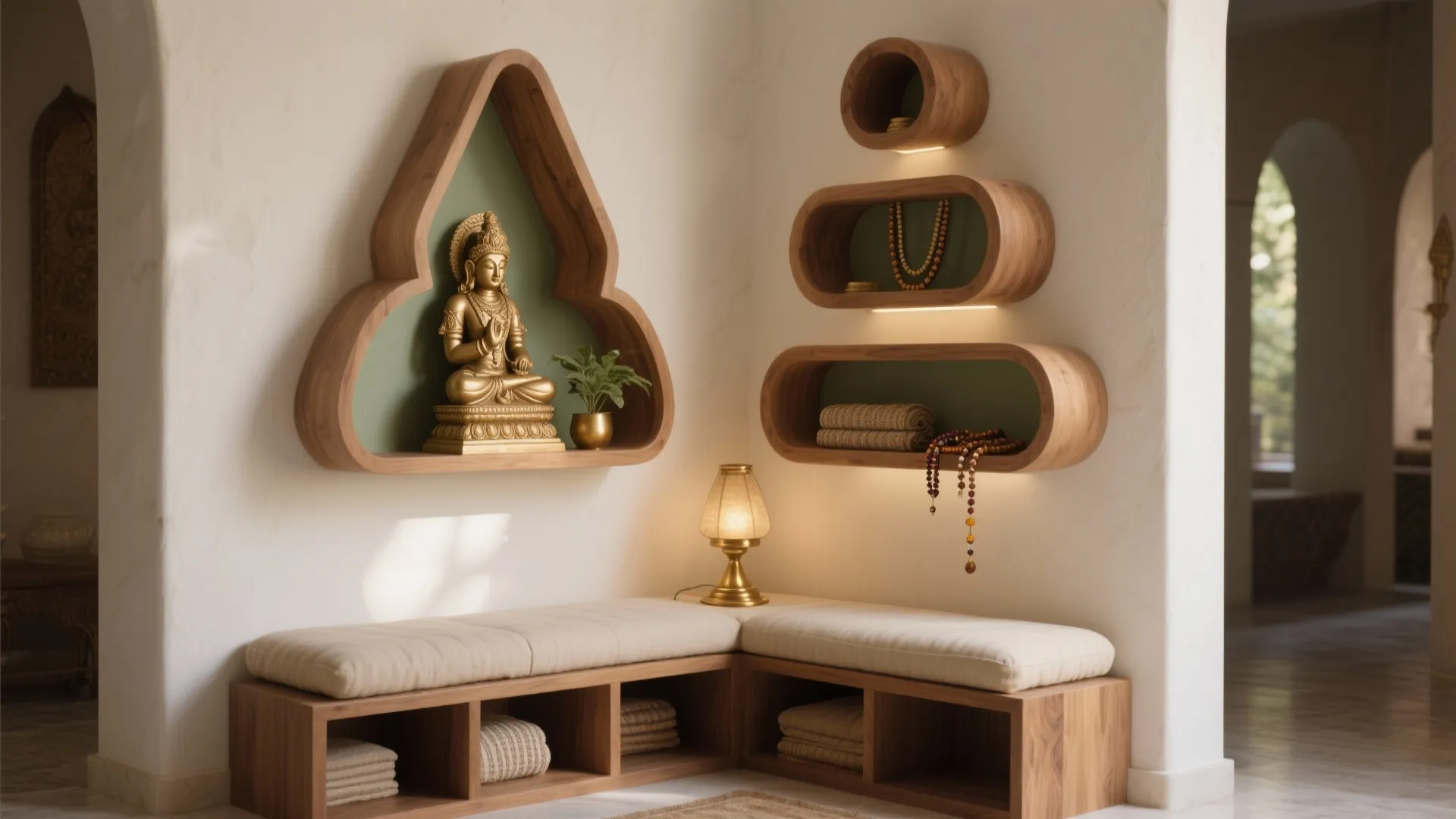 Corner Mandir With Layered Shelving and a Seat