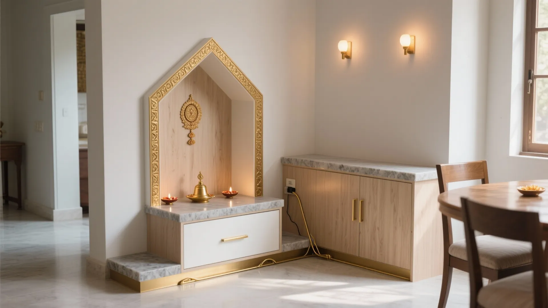 Corner Mandir with Stepped Plinth and L-Shaped Base